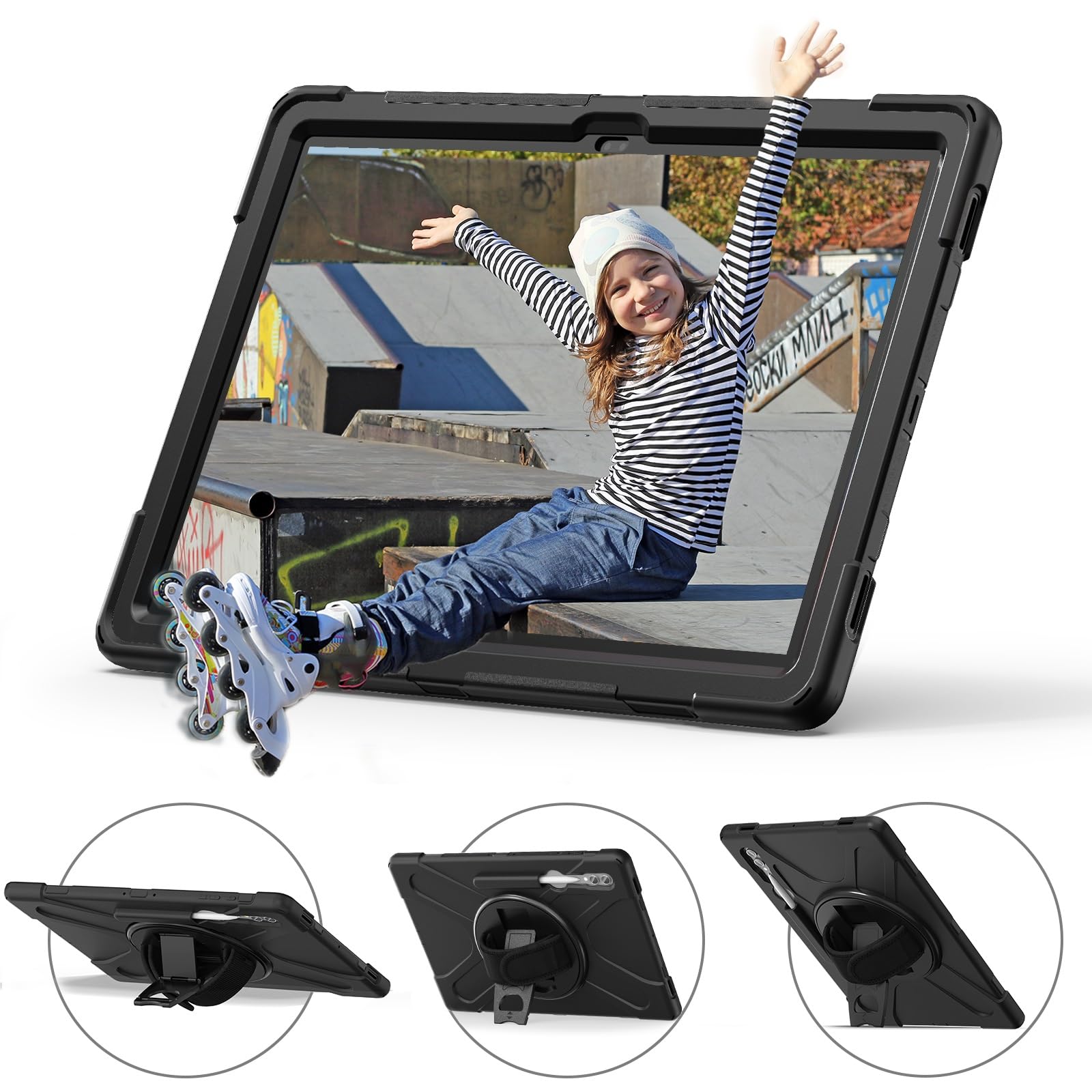 Kompatybilny z etui Samsung Galaxy Tab S9 Ultra 14,6 cala 2023 SM-X910/X916B/X918U Etui uchwytem na długopis, wytrzymałe, odporne wstrząsy chroniące przed upadkiem Osłona paska ramię dla dzieci(Noir)