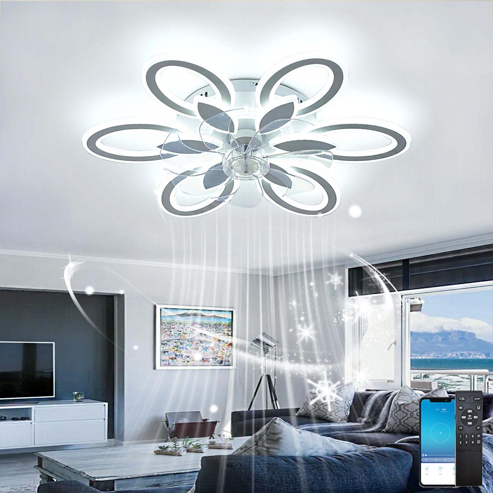 Bathroom Ceiling Extractor Fan With Led Light,Smart Ceiling Fan Light Alexa Control,Ceiling Fan Alexa,Ceiling Fan Alexa,Fan Light For Bedroom,DC Motor,Modern Ceiling Light With Fan Quiet-White||APP