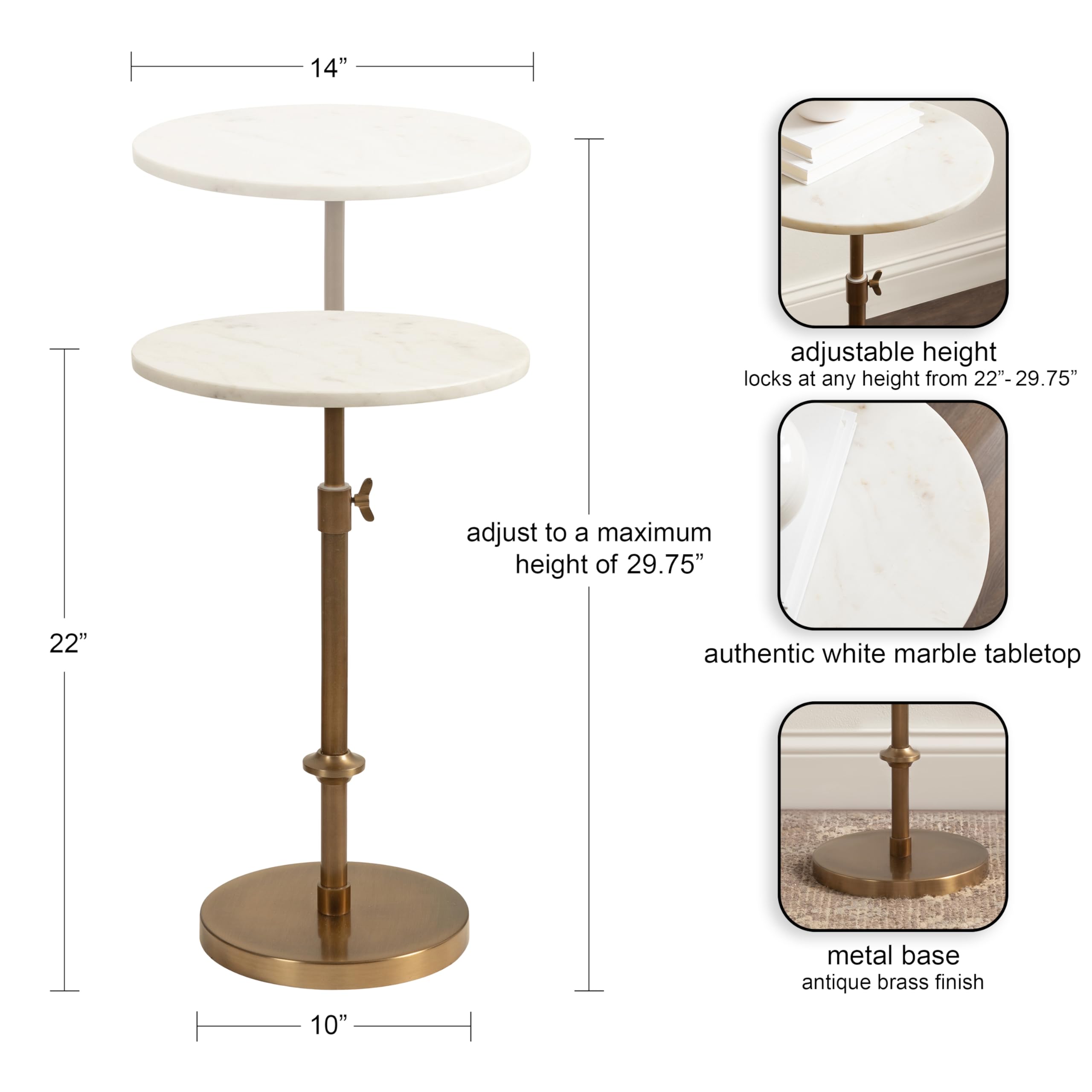 Kate and Laurel Engles Traditional Adjustable-Height Pedestal Side Table, 14 x 14 x 30, White Marble and Antique Brass, Vintage Round End Table for Use as Indoor Plant Stand with Authentic Marble Top