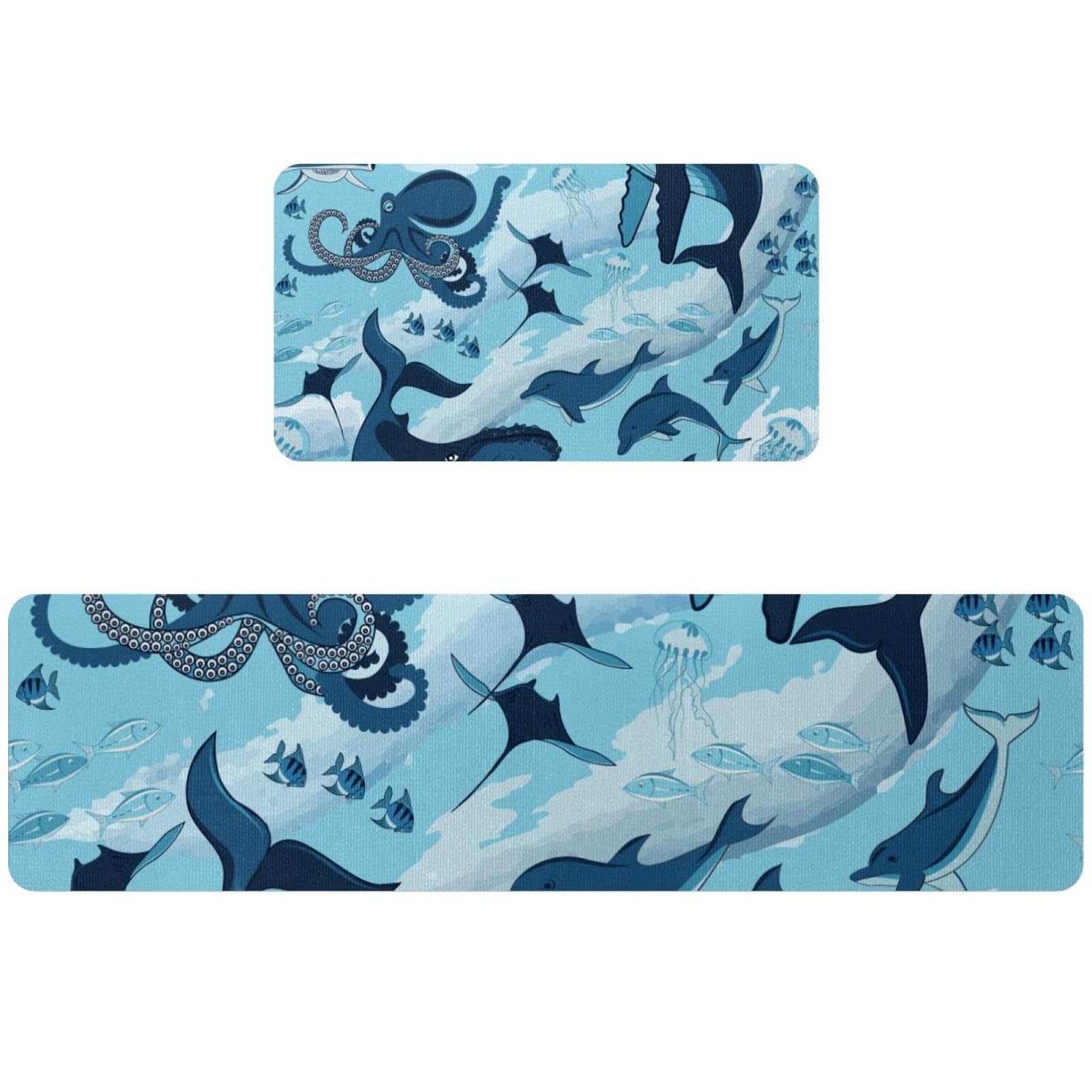 Alfombrillas de cocina antideslizantes con diseño de tiburones y ballenas, pack de 2
