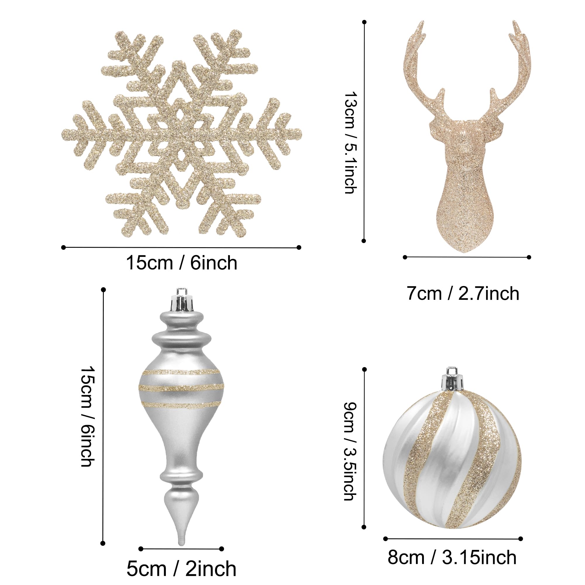 KI Store Christmas Tree Decoration Set Silver and Champagne Gold 54pcs Large Shatterproof Christmas Tree Ball Ornaments Oversized Snowflakes Assorted for Xmas Tree Decor