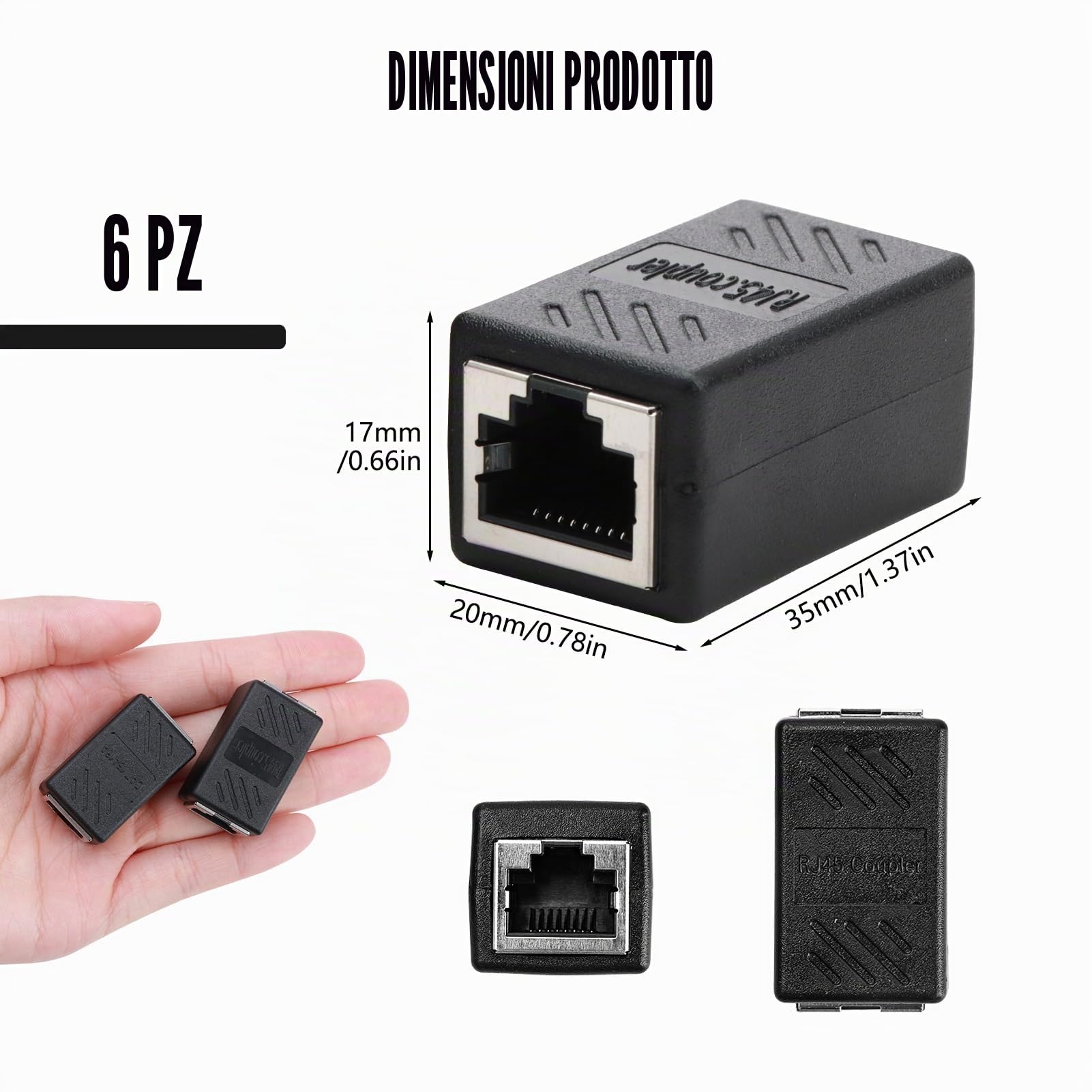 6 Pezzi Accoppiatore RJ45 10Gbps, Connettore di Rete Cat7 / Cat6 / Cat5e / Cat5, Connettore Ethernet Femmina a Femmina, Connettori RJ45 in Linea Schermato per Prolunga Giunto per Cavo LAN e Ethernet