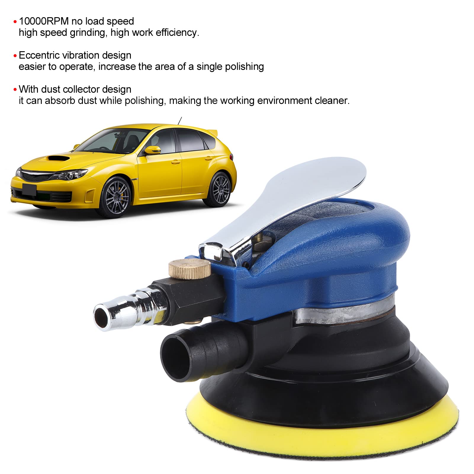 Lijadora pulidora neumática de 5 pulgadas, máquina pulidora de 10.000 rpm con recolección de polvo, diseño de vibración excéntrica para el cuidado de la pintura de automóviles y el