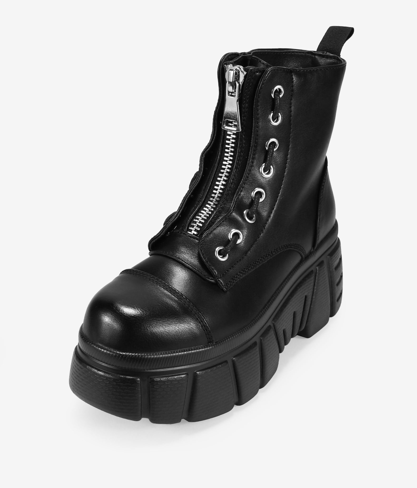 BOSANOVA Militärstiefel aus veganem Leder mit Frontreißverschluss, dekorative seitliche Schnürung und 7 cm Track-Sohle, Reißverschluss
