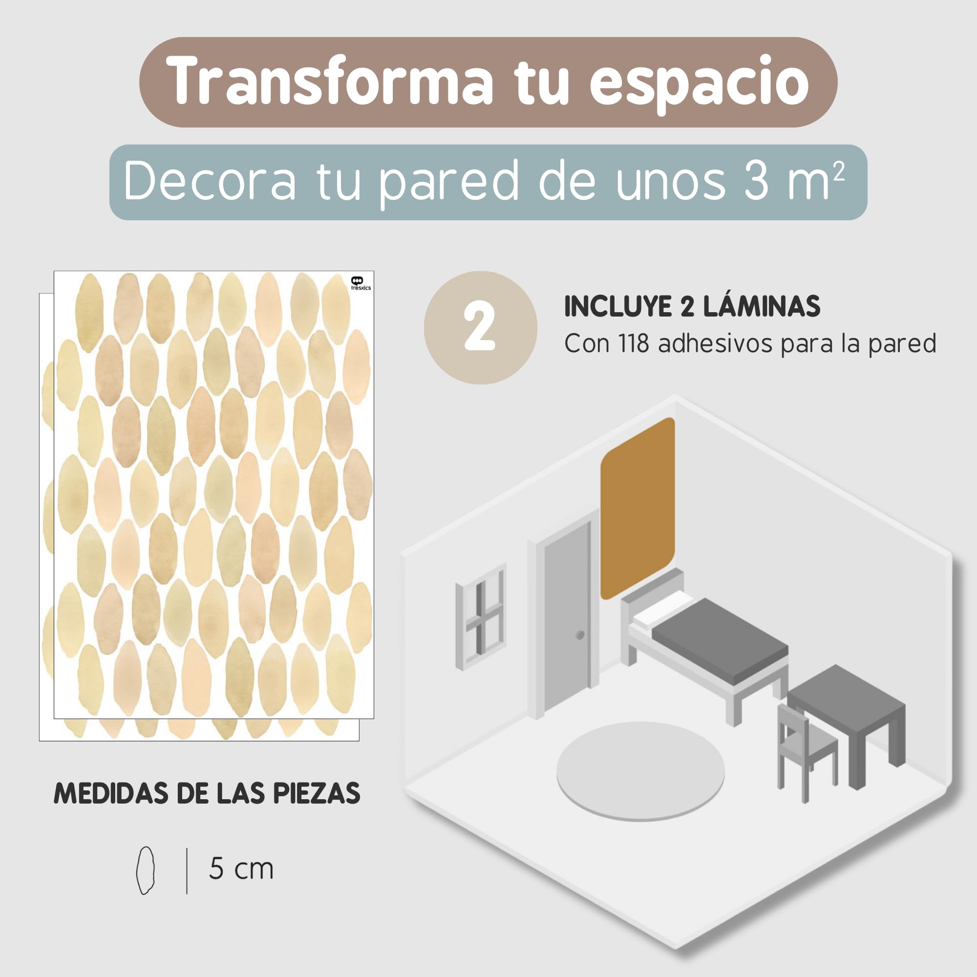 Pegatinas Pared Decorativas | Vinilo Adhesivo Pared Gotas Acuarela | Efecto Papel Pintado | Cubre 3 m² | 118 piezas | TRESXICS (Amarillo)