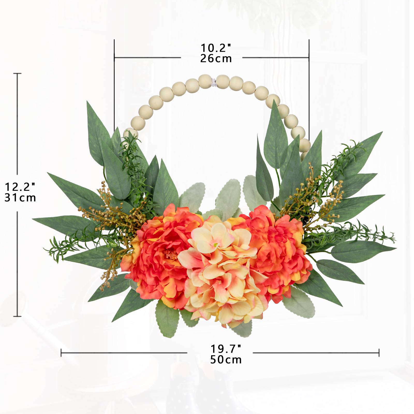 Lot de 2 couronnes de feuilles d'eucalyptus en perles de bois de 25,4 cm, couronnes florales de pivoine artificielle, d'hortensia pour porte d'entrée, décoration murale bohème – Orange