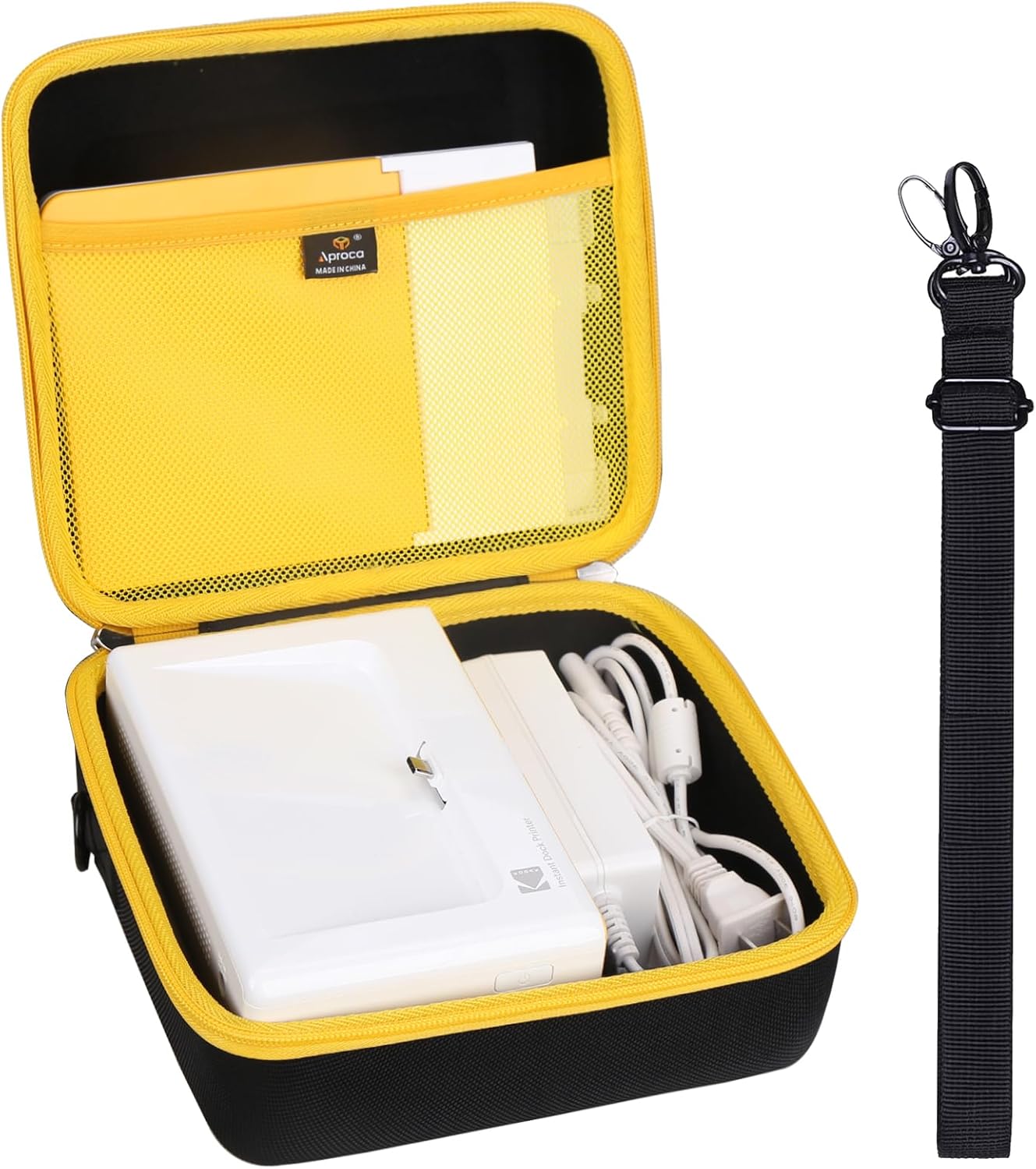 Aproca Storage Case Compatible with Kodak Dock Plus 4PASS / Premium 4x6 Portable Instant Photo Printer, Storage Hard Bag for Accessories -Black with Yellow Zipper (Case Only)