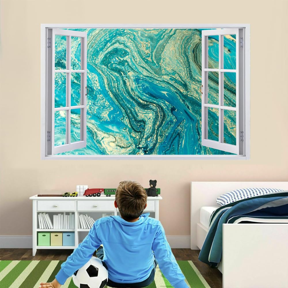 Sticker Mural 3D Amovible Marbre Décoration Murale Plancher Plafond Brisé Décalque Art Décoration Lignes Vertes Pour Salle De Bain Chambre Salon Salle De Jeux Murale 120x80cm