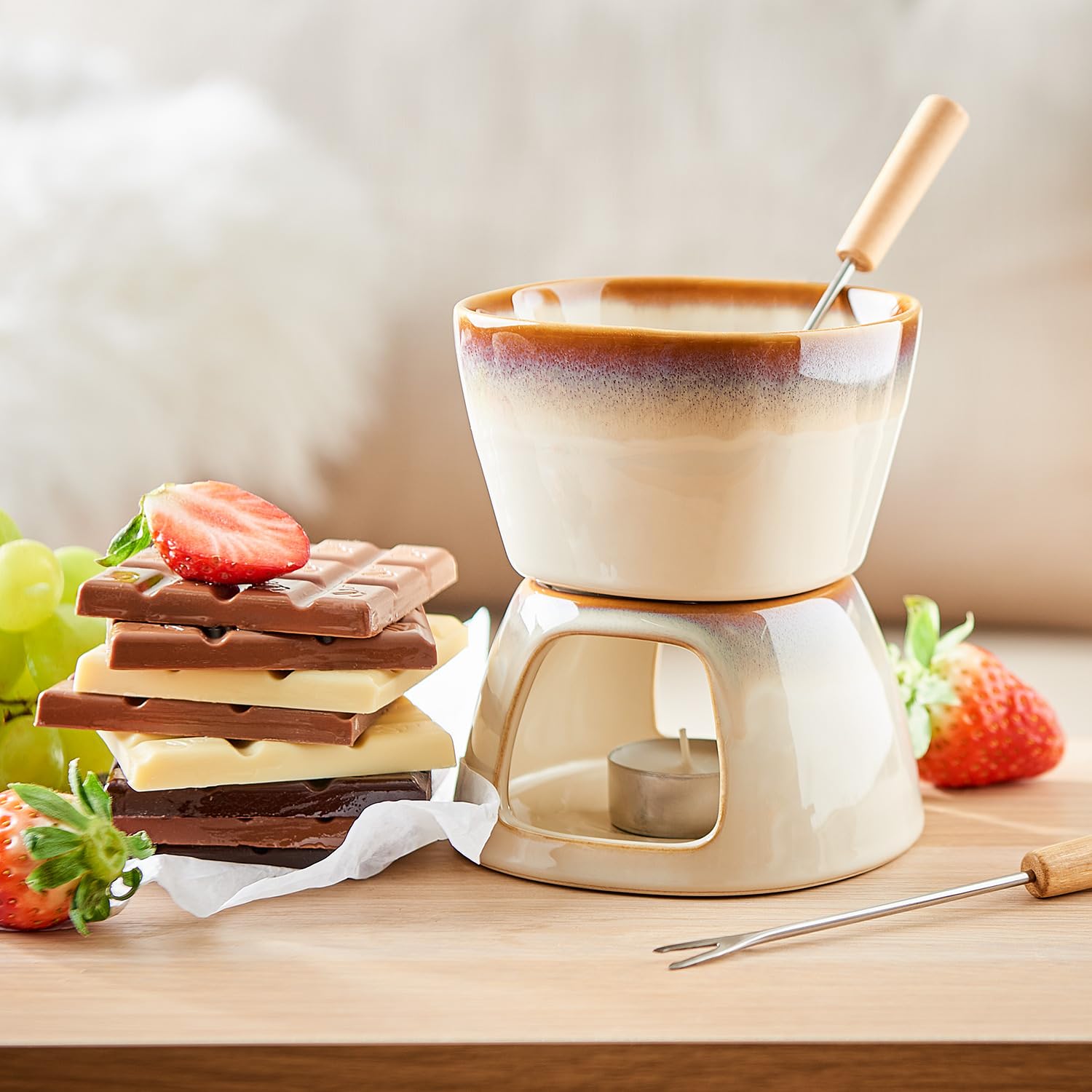BUTLERS Schokoladenfondue 420ml für Teelicht, Schoko Fondueset 2 Personen, Schokofondue Keramik Set -AU CHOCOLAT- Dessert Fondue ideal zum Schokolade Schmelzen Weihnachten