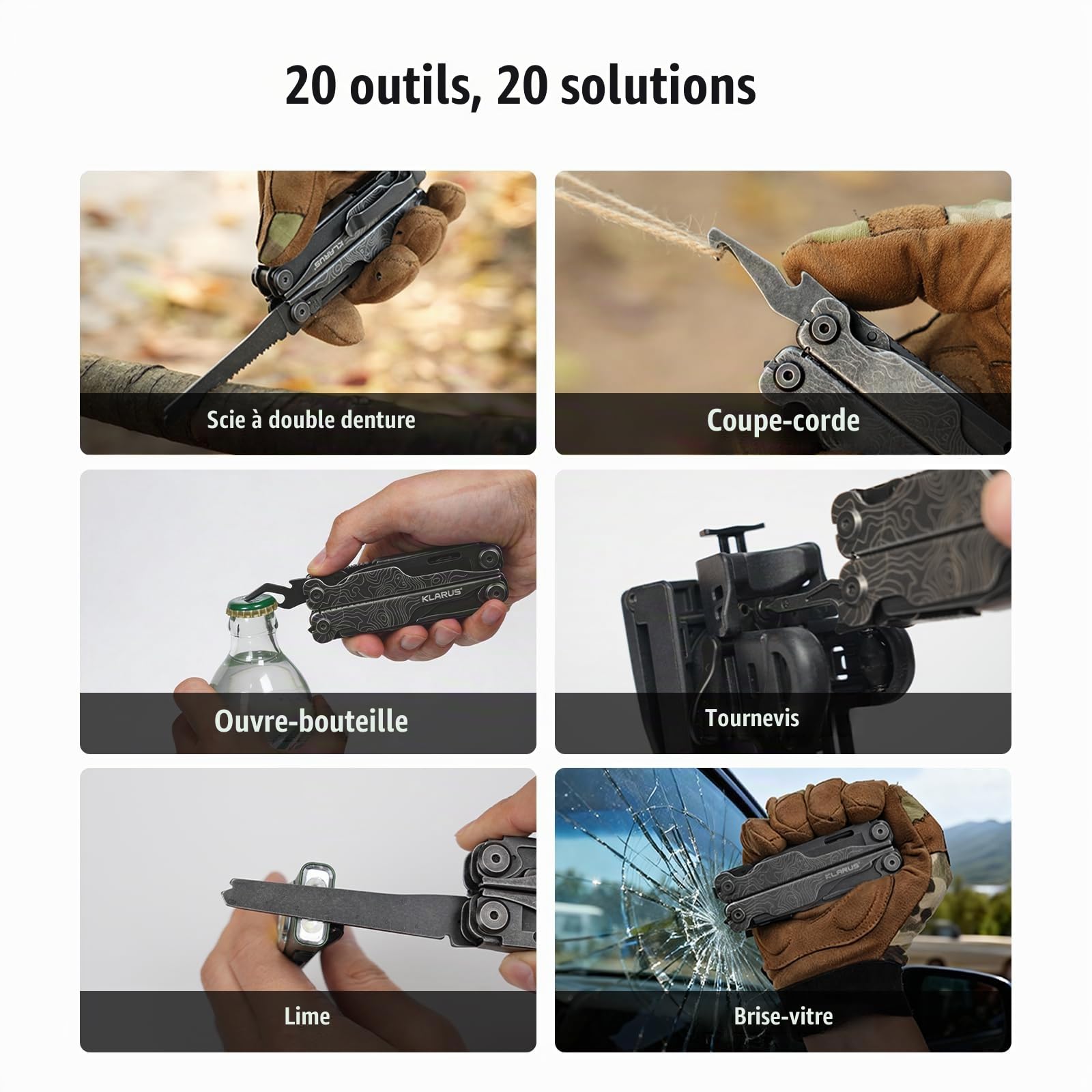 KLARUS MT07 Coffret cadeau homme : outil multifonction professionnel 20 en 1 comprenant une pince, un couteau pliant et un étui. Idéal pour le camping et les réparations en extérieur. (Black)