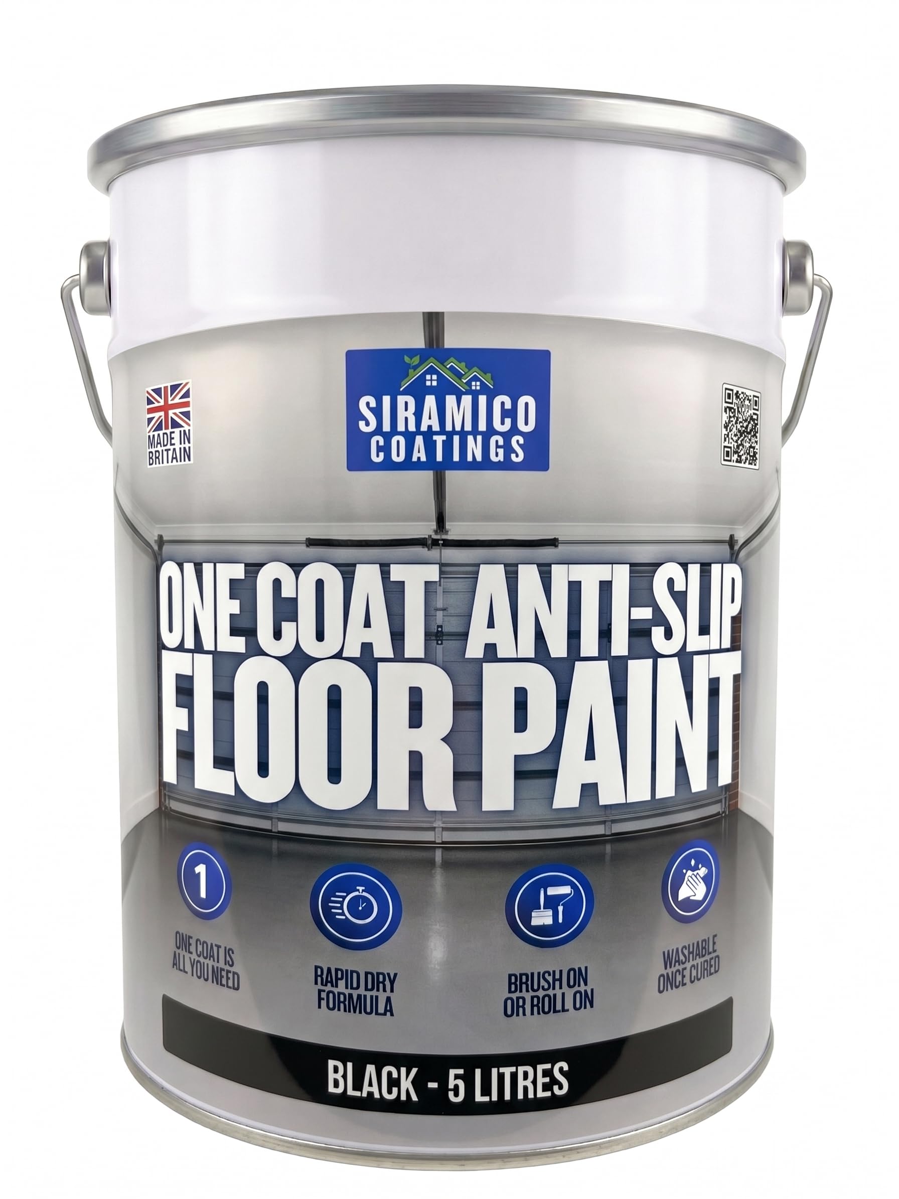SIRAMICO COATINGS One Coat Anti-Slip Floor Paint | 5 Litres | 5 Modern Colours I Waterbased, Quick Drying Formula | White, Black, Greys (Black, 5 Liters)