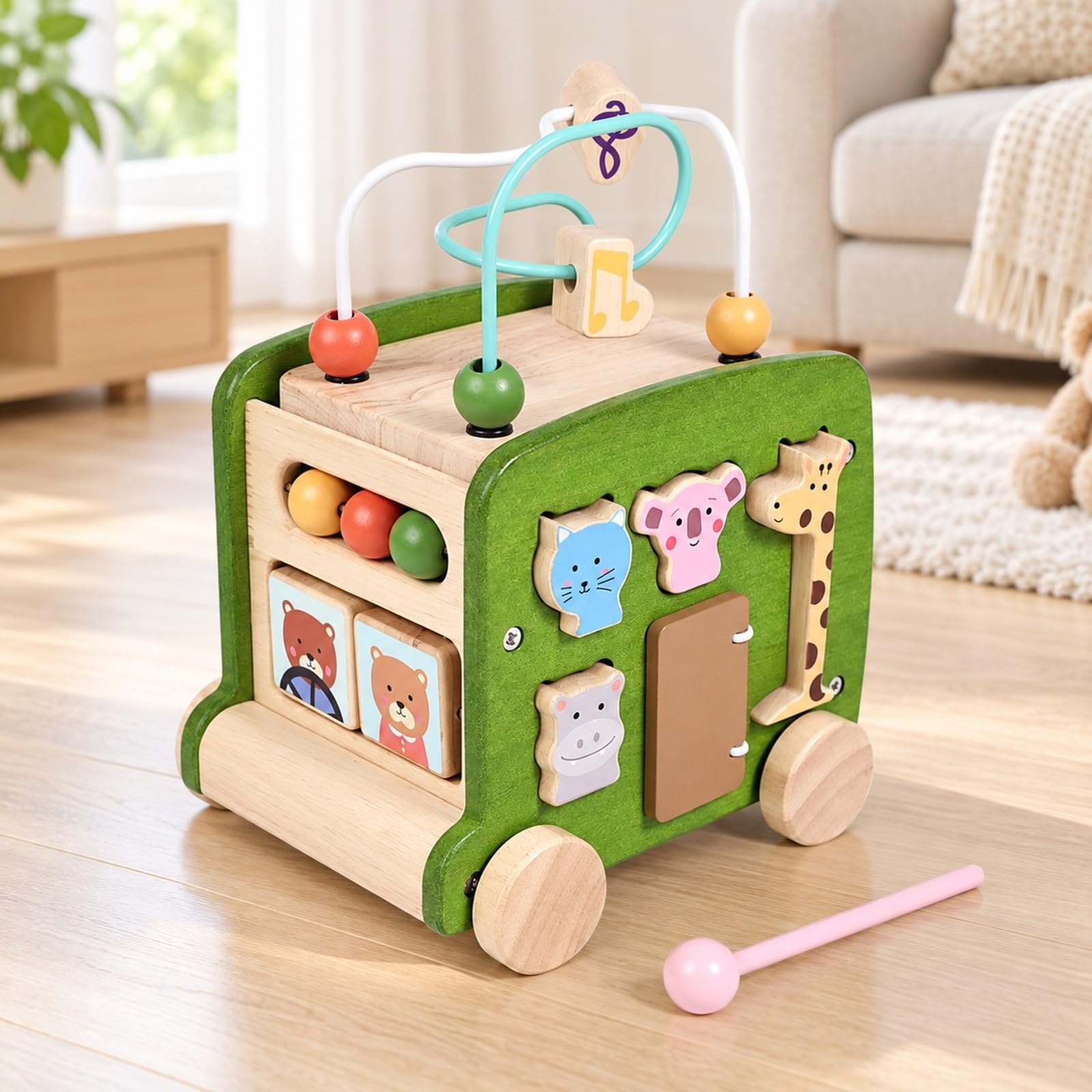 kowaku J Multifonction en Bois D'apprentisge Précoce Coloré Véhicule'activités Labyrinthe Perles Non Toxique pr Jeunes Enfants, Bébés, Bleu
