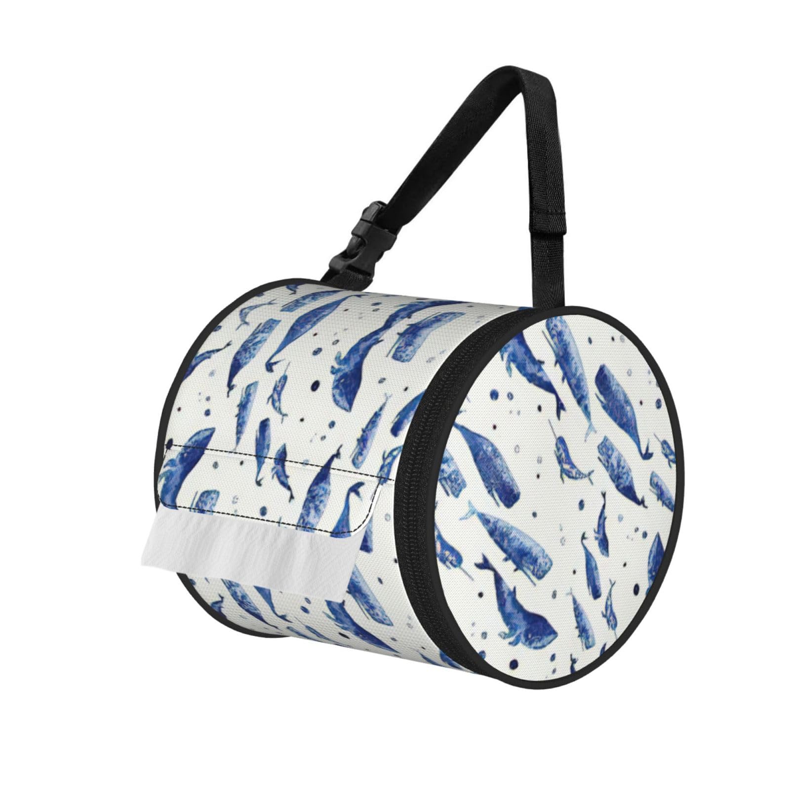 Small blue whale swimming Printed Roll Paper Carrier Bag, Foldable Oxford Cloth Tissue Case for Camping Hiking Backpack