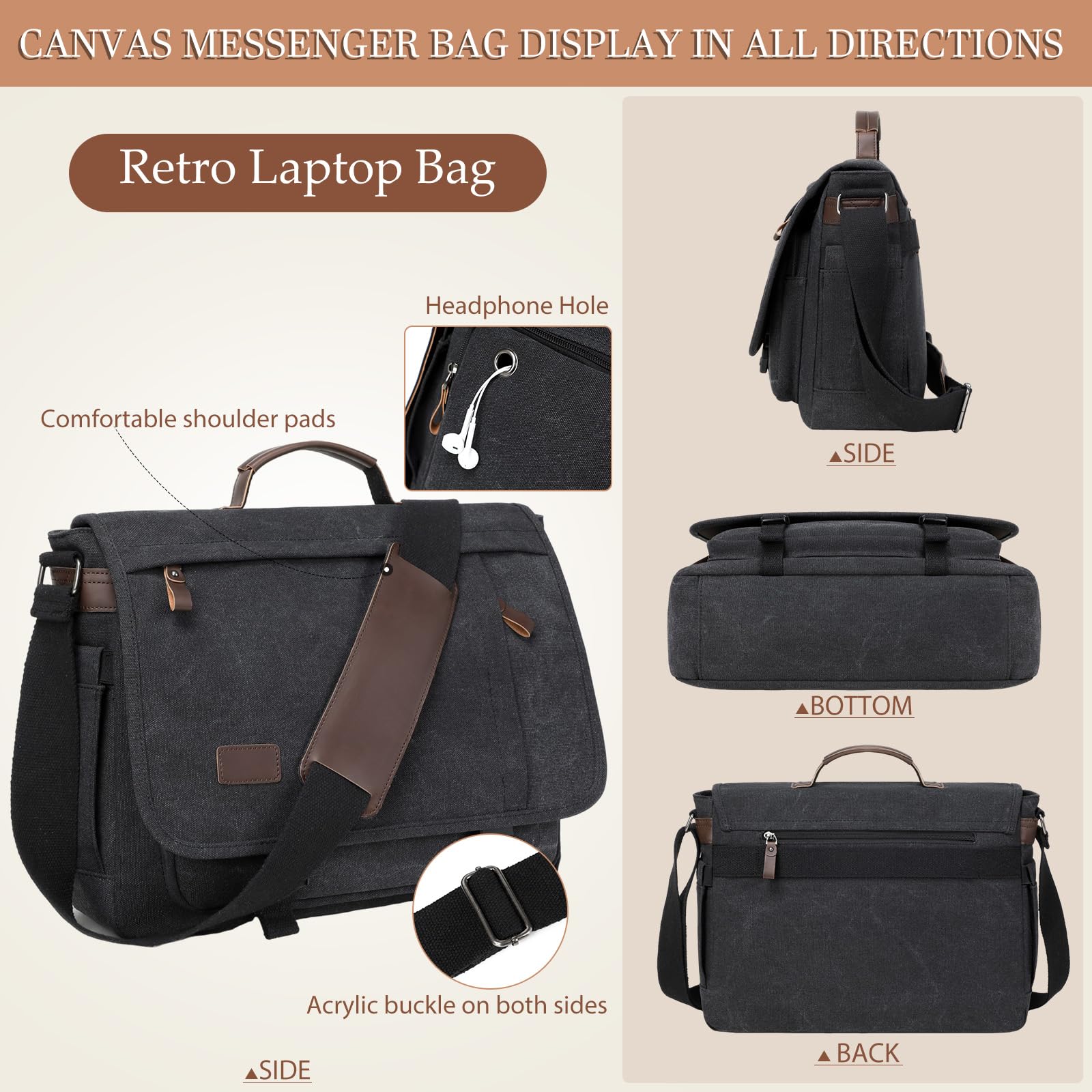 Kuriertasche für Herren, 39,5 - 43,9 cm (15,7 - 17,3 Zoll): 2 Stück Laptoptasche, Arbeitstasche, Leder, Leinen, Aktentasche, Handgepäcktasche