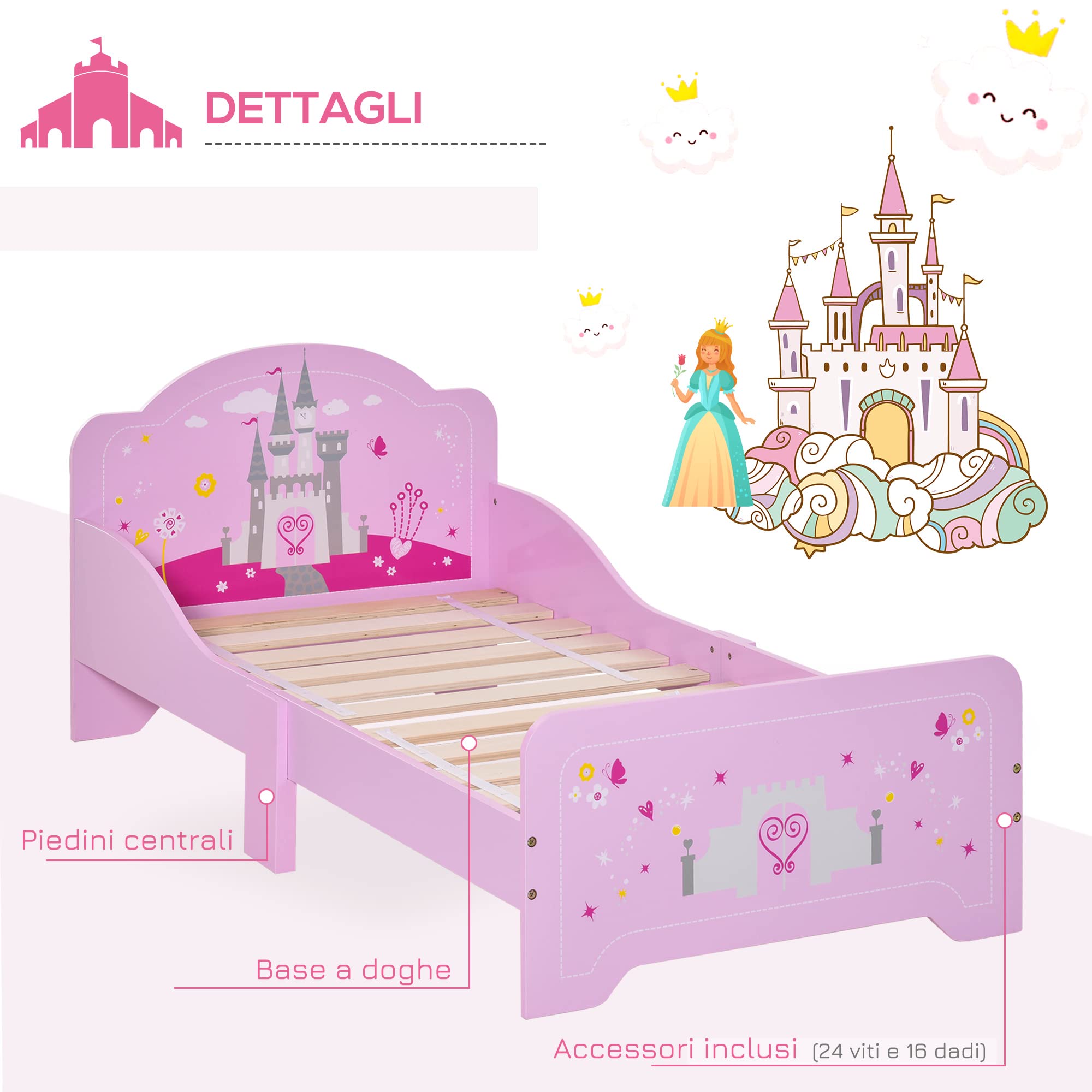 HOMCOM Letto per Bambini con Bordi Rialzati in Legno per Cameretta, Lettino per Bimbi da 3-6 Anni, 143x73x60cm, Rosa