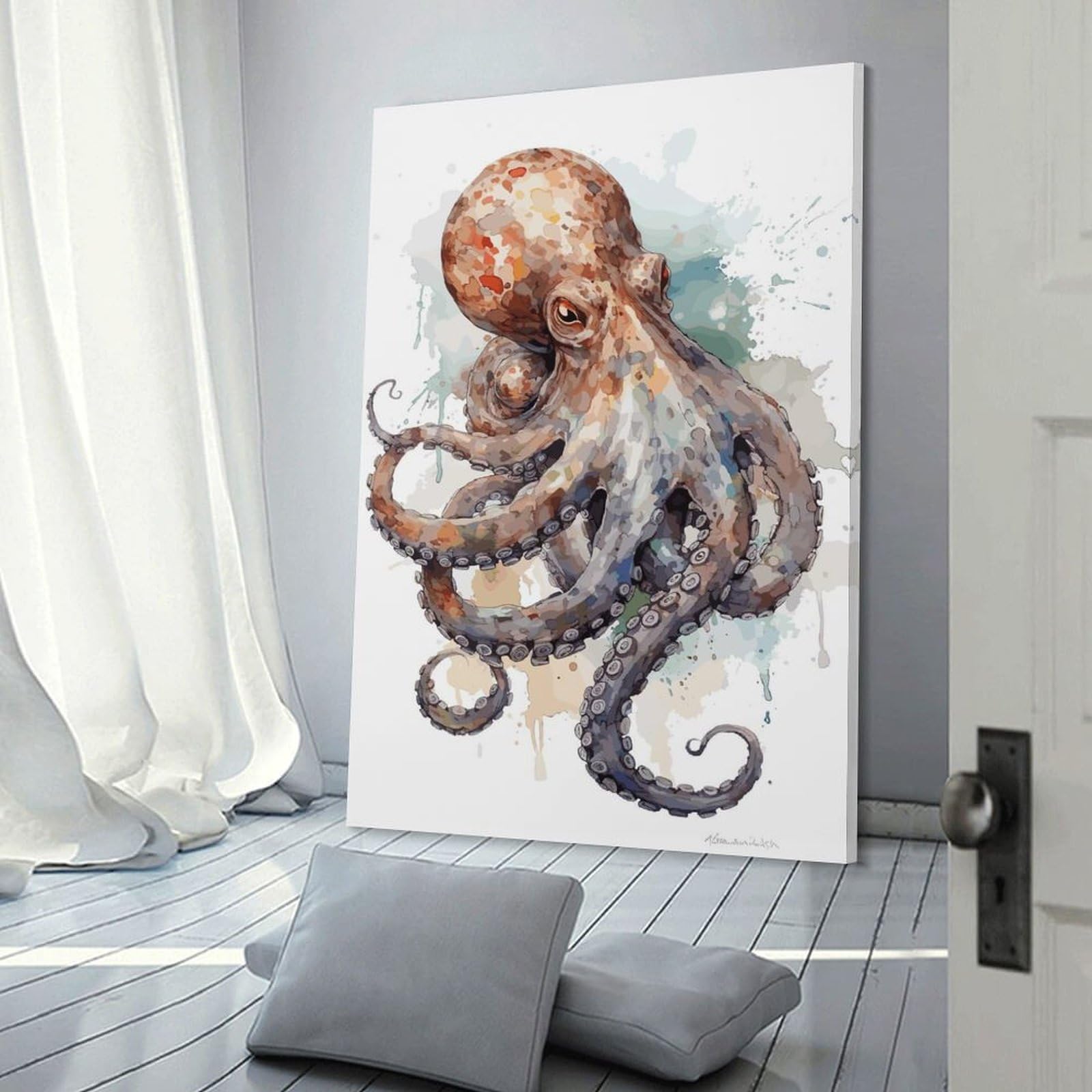 Junmoney Watercolor Octopus Room Decor Wall Art, 24x36inch(60x90cm), for Gallery Wall Decor And Room Displays, Decorative Artwork with Flexible Styling