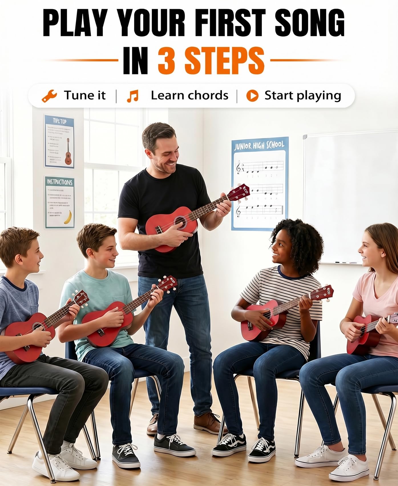 Kit de débutant ukulélé soprano pour enfants et débutants, Ukelele 21 pouces avec recueil de chansons, étui, sangle, accordeur, cordes et médiators