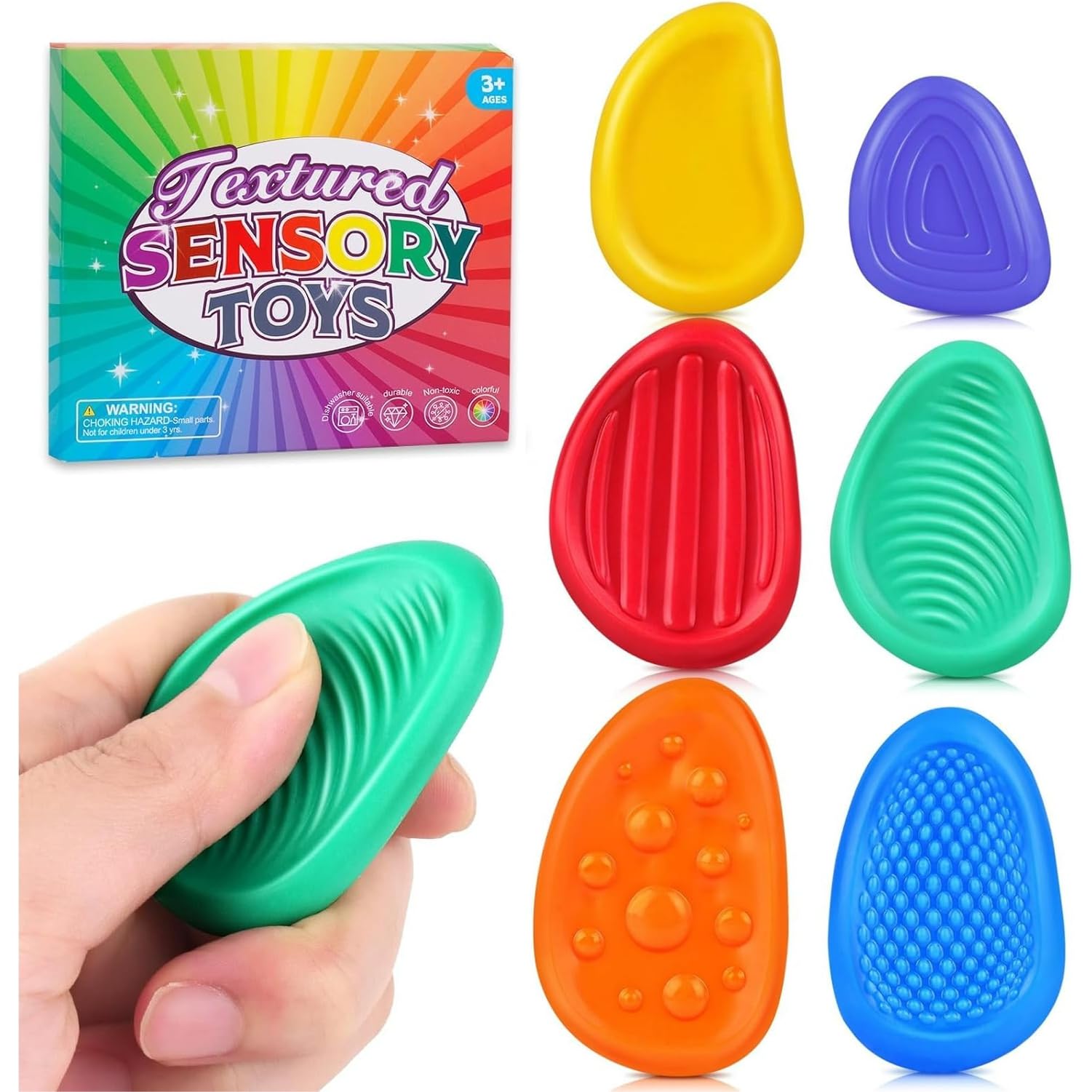 6 Pcs Sensory Stones Fidget Toys for Kids & Adults, Textured Worry Stones for Autism, Fidget Stress Toys for Anxiety Relief, Stress Calming Sensory Toys, Classroom Fidgets, Silicone Stress Relief Toys