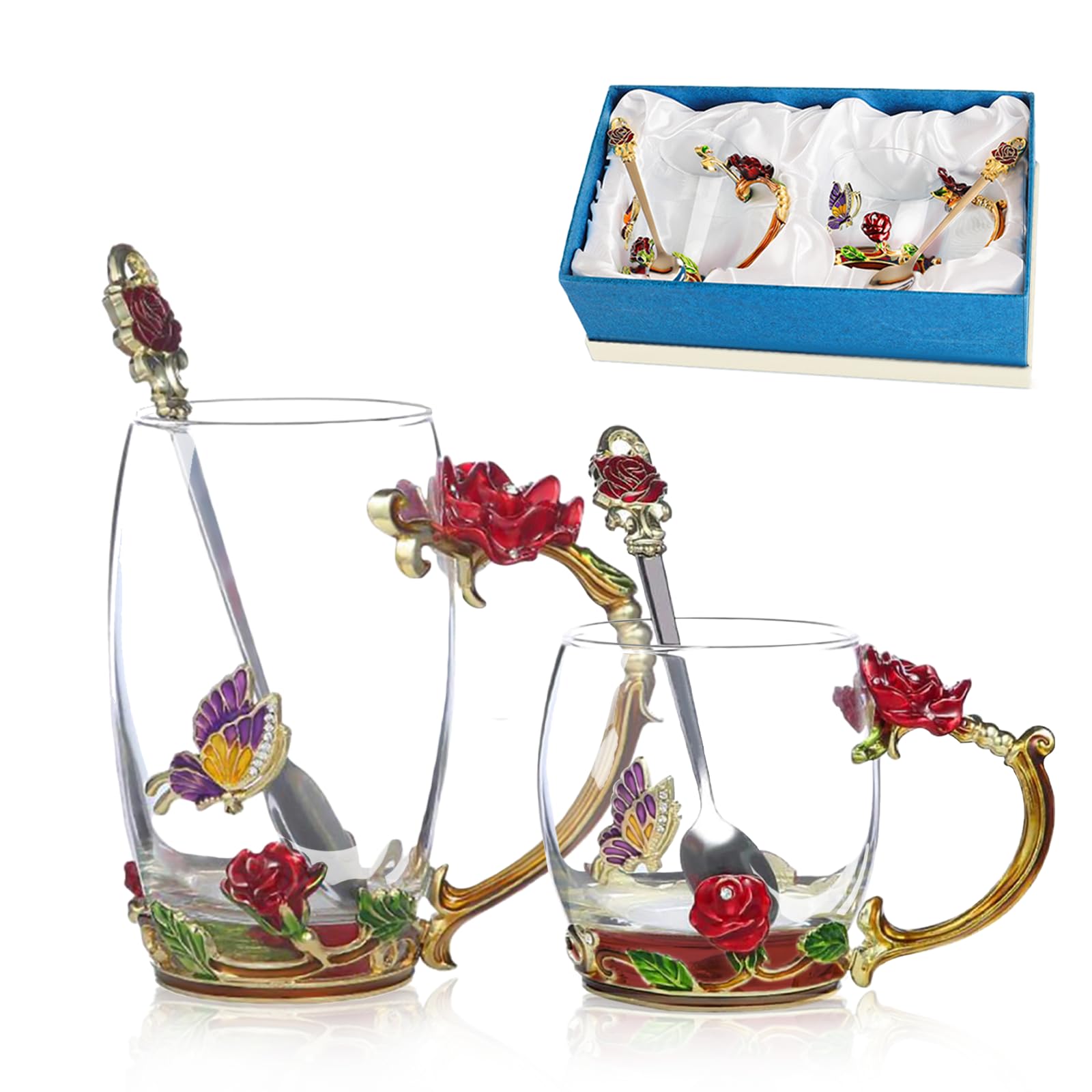 Glass Fancy Tea Cup Set Birthday Christmas Valentine's Day Gift Idea for Tea Lover and Women Novelty Coffee Mugs Rose Flower Enamel Glass Mug with Spoon