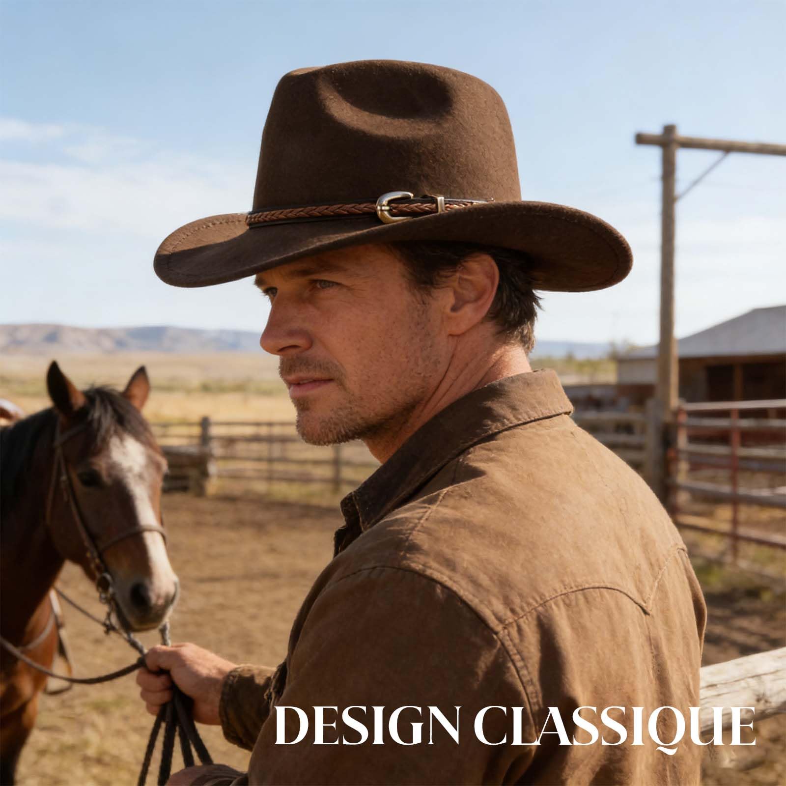 Chapeau western vintage à large bord en feutre avec une élégante lanière en cuir, adapté aussi bien aux hommes qu'aux femmes. Idéal pour les activités de plein air et les soirées à thème western.