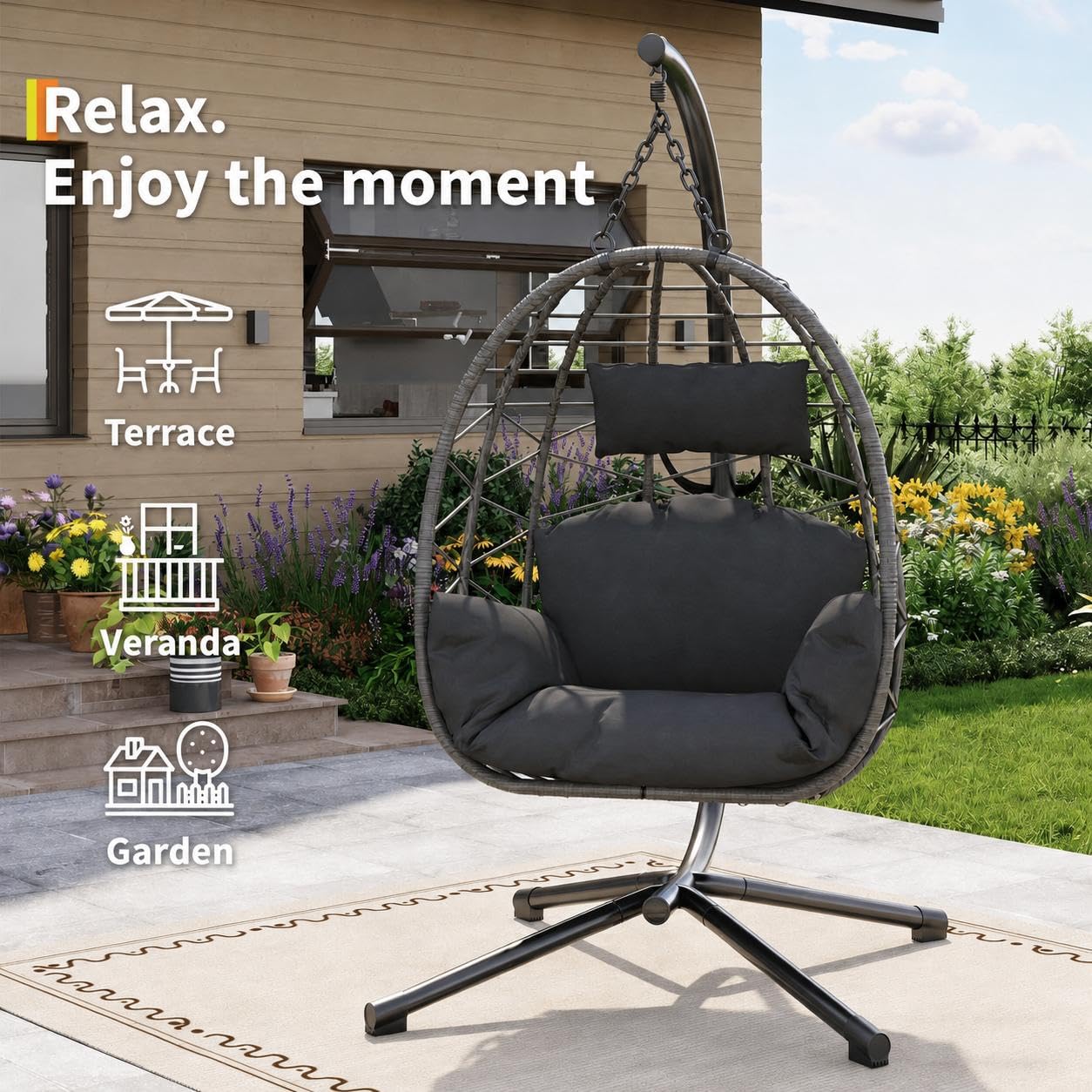 Hängesessel mit Gestell Outdoor bis 150 kg belastbar, Rattan Hängesessel mit Metallgestell & Kissen, Hängesitz für Garten, Terrasse & Balkon, Indoor & Outdoor nutzbar - Grau