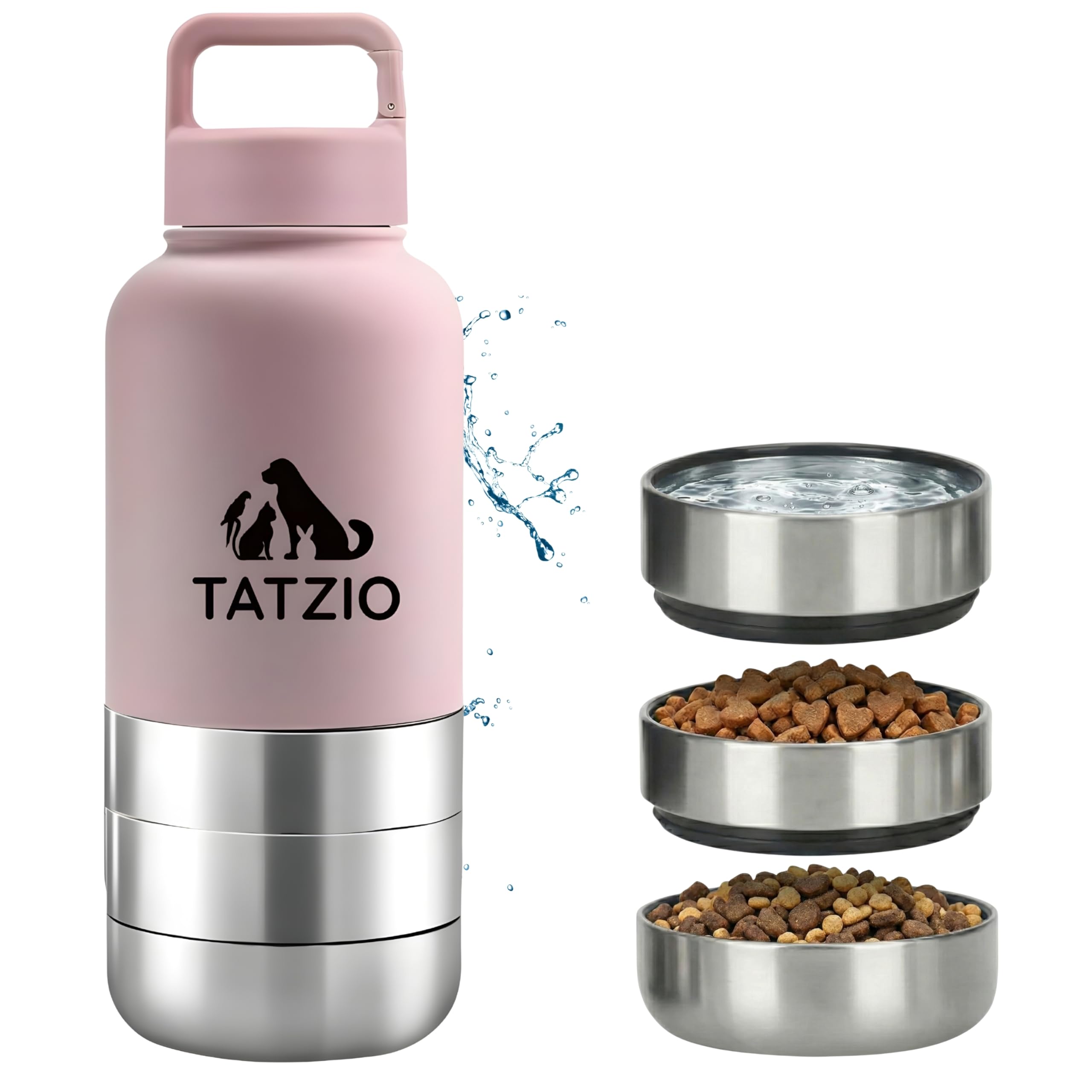TATZIO Reiseflasche 4-in-1 für Hunde & Katzen aus Edelstahl – Isolierter Wasser- & Futterbehälter für Haustiere– Auslaufsicherer Reisenapf mit 3 Zusatzbehältern für Unterwegs Pink 1000ml