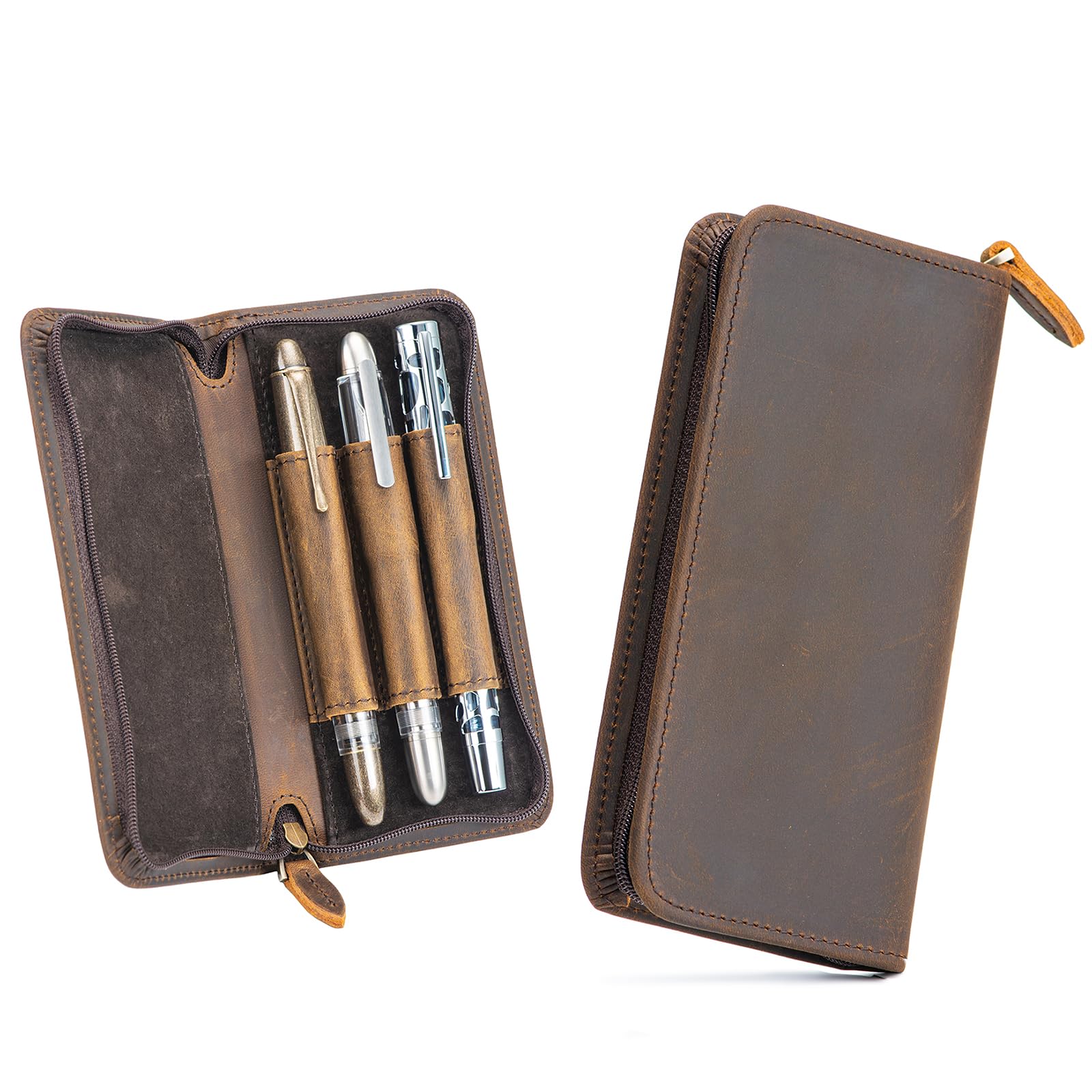 Lanxivi Vintage Leather Fountain Pen Case 3 Divided Slots, Zippered Pen Case Pouch, Handmade Display Holder for Rollerball Pen