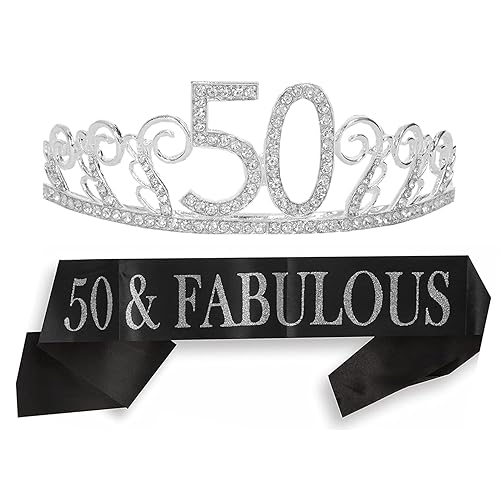 MEANT2TOBE Banda y tiara de cumpleaños número 50 para mujer, fabulosa banda con purpurina + flores de diamantes de imitación, tiara de metal de alta