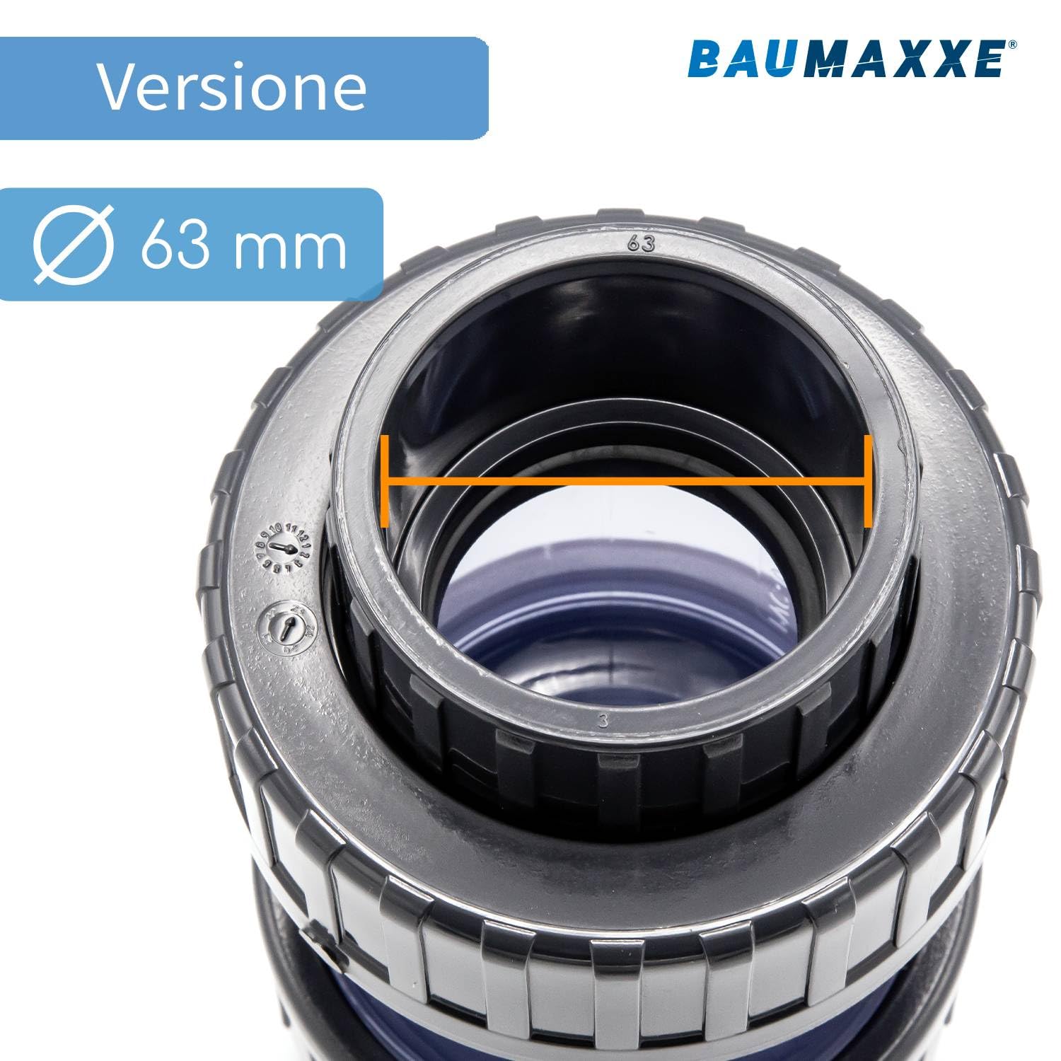 Manicotto PVC trasparente Ø 63 mm PN16 - bm326 | Raccordo PVC con spia visiva, doppio incollaggio per piscine, impianti tecnici e irrigazione.