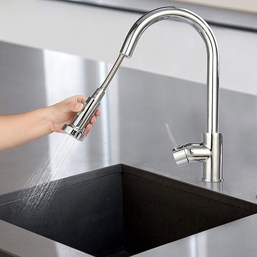 Miniatura 10 de LUCKYERMORE Grifo de cocina comercial con rociador extraíble, acero inoxidable de arco alto, grifo de fregadero de resorte de un solo orificio