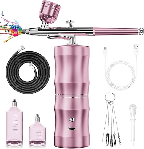 Rhinowisdom Aerógrafo para uñas, kit de aerógrafo con compresor 48PSI de alta presión, recargable, portátil, pistola de cepillos de aire con