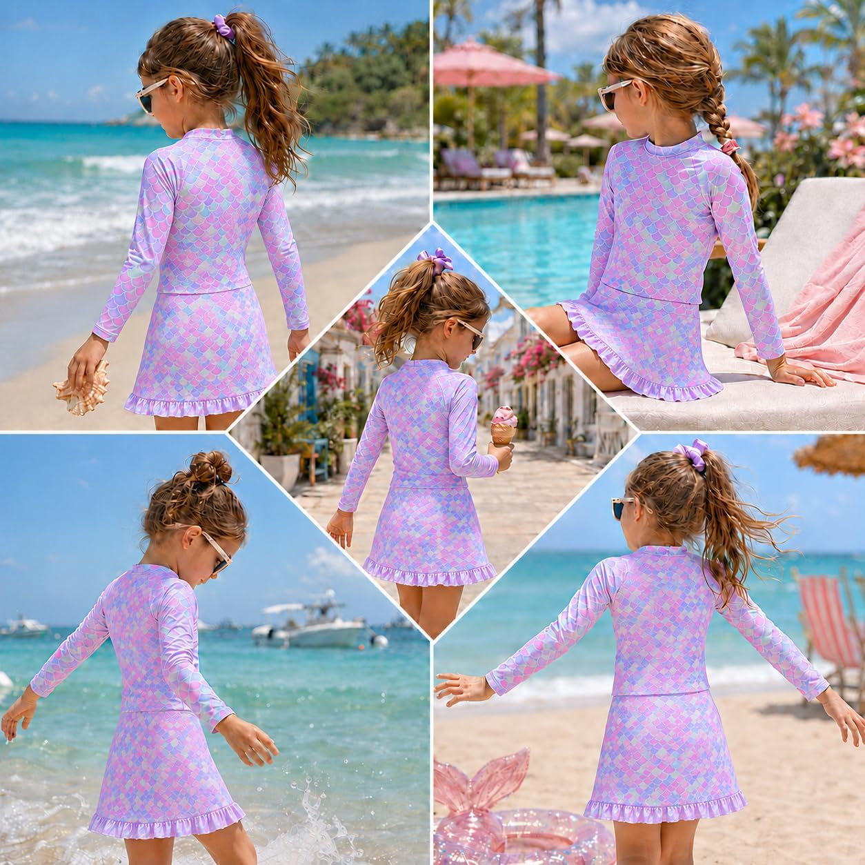 Girls Rash Guard Swimsuit Long Sleeve Modest 2 Piece with Skirt | for 3-12 Years,long sleeve,with Skirt Built-in Short,stretch fabric,for beach,swimming lessons,water park adventures