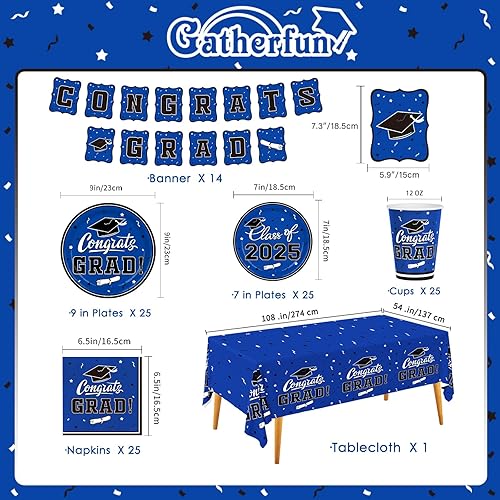 Miniatura 2 de Gatherfun suministros para fiesta de graduación 2022, para 25comensales, vajilla verde y desechable de papel, con platos, servilletas, vasos, mantel