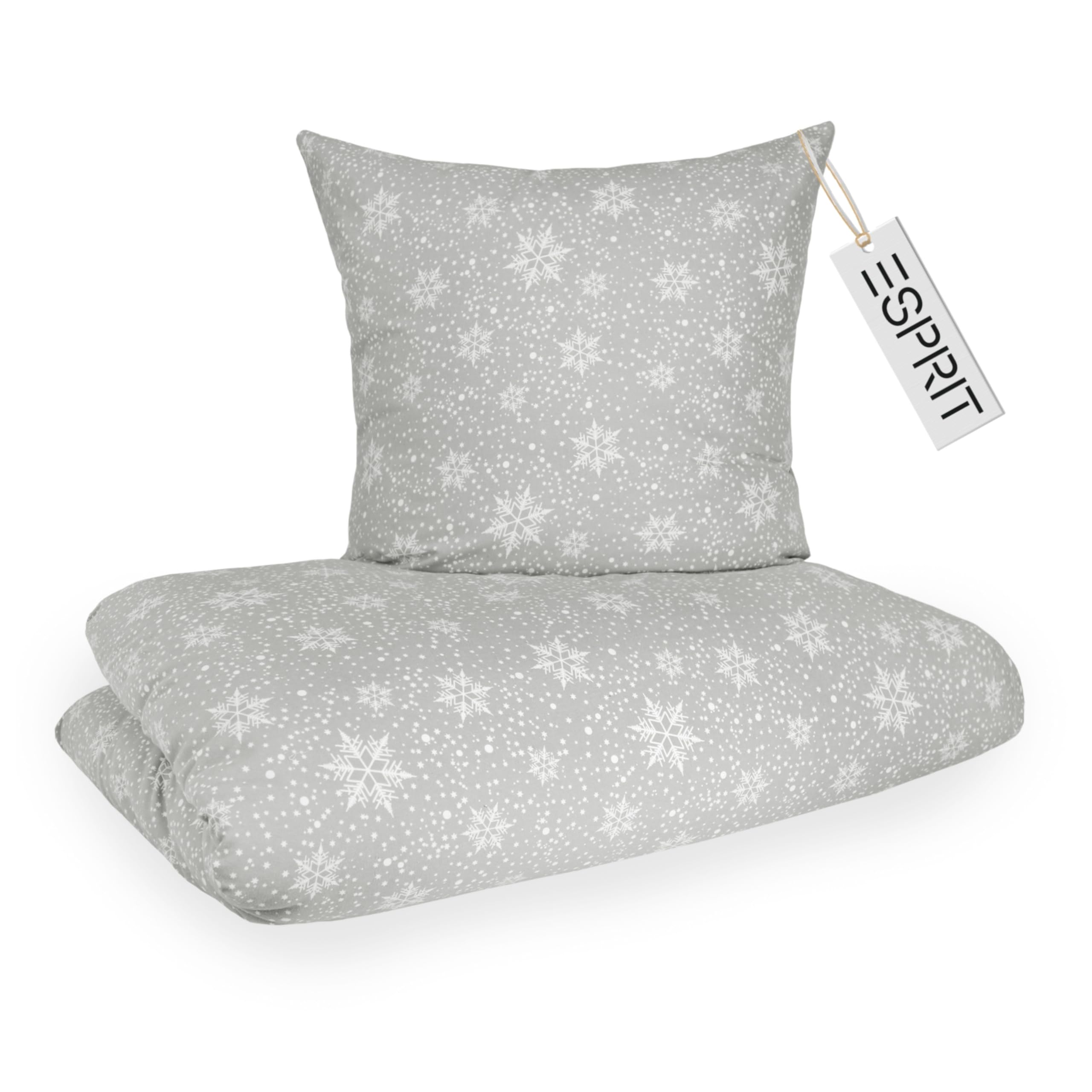Esprit 2-częściowy komplet pościeli flanelowej 135 x 200 cm, bawełna szara płatki śniegu – przytulny i puszysty – 135 x 200 cm – poszewka na kołdrę i poszewka na poduszkę 80 x 80 cm – zima i Boże