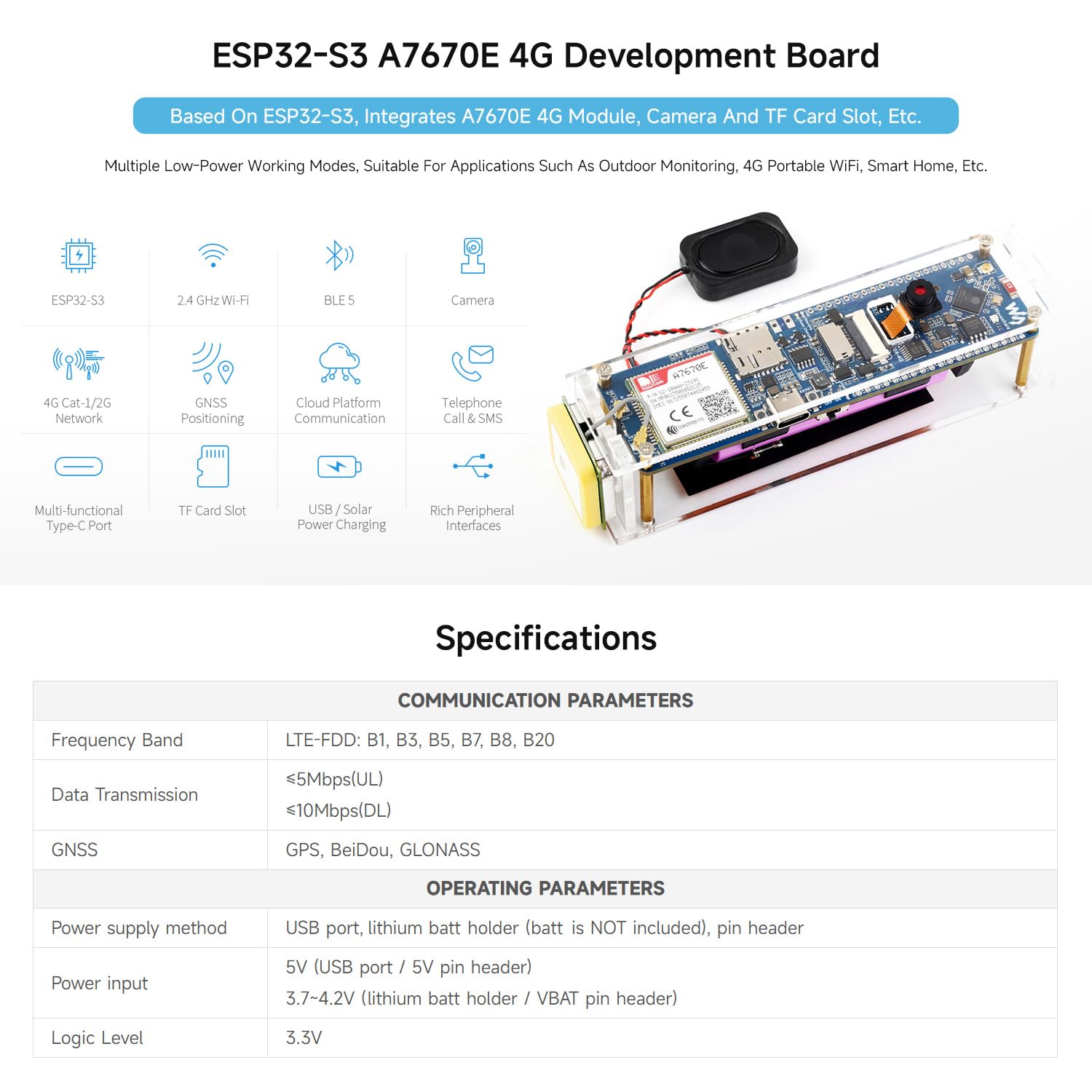 Waveshare ESP32-S3 A7670E 4G Development Board, with Camera/Speaker/Antenna