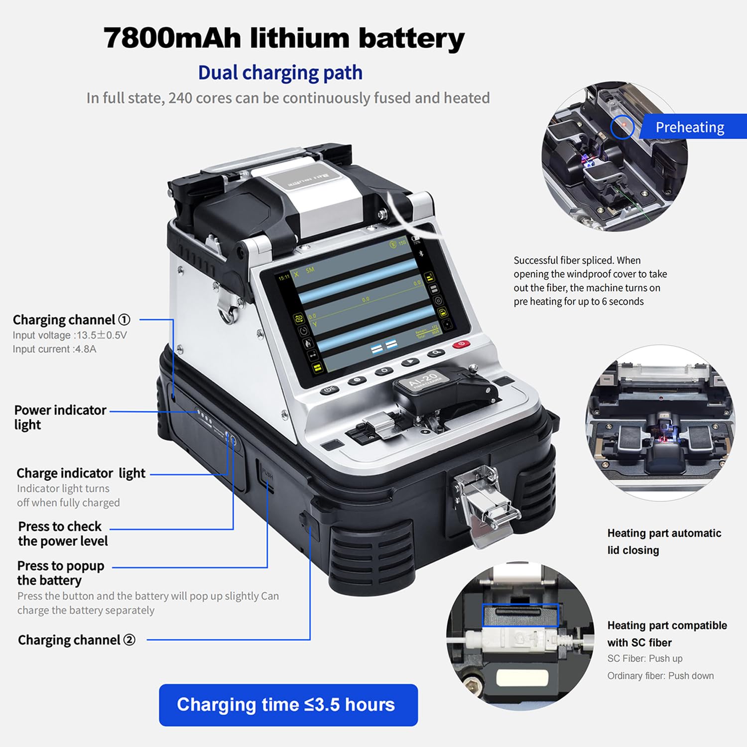 SM&MM Fusion Splicer - Cortador de fibra de un solo paso de alta precisión, empalmador óptico integrado y soporte de fibra 3 en 1 con función VFL y OPM (Ai-20A)