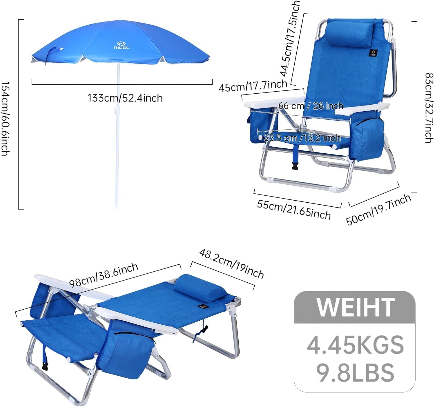 Nice C Blue Backpack Beach Chair with Cooler and Umbrella, 5 Position Reclining Beach Chair for Adults, with Cup Holder, Canopy Shade, Cooler Bag, for Outdoor, Camping, Travel, Picnic (2 Pack, Blue)