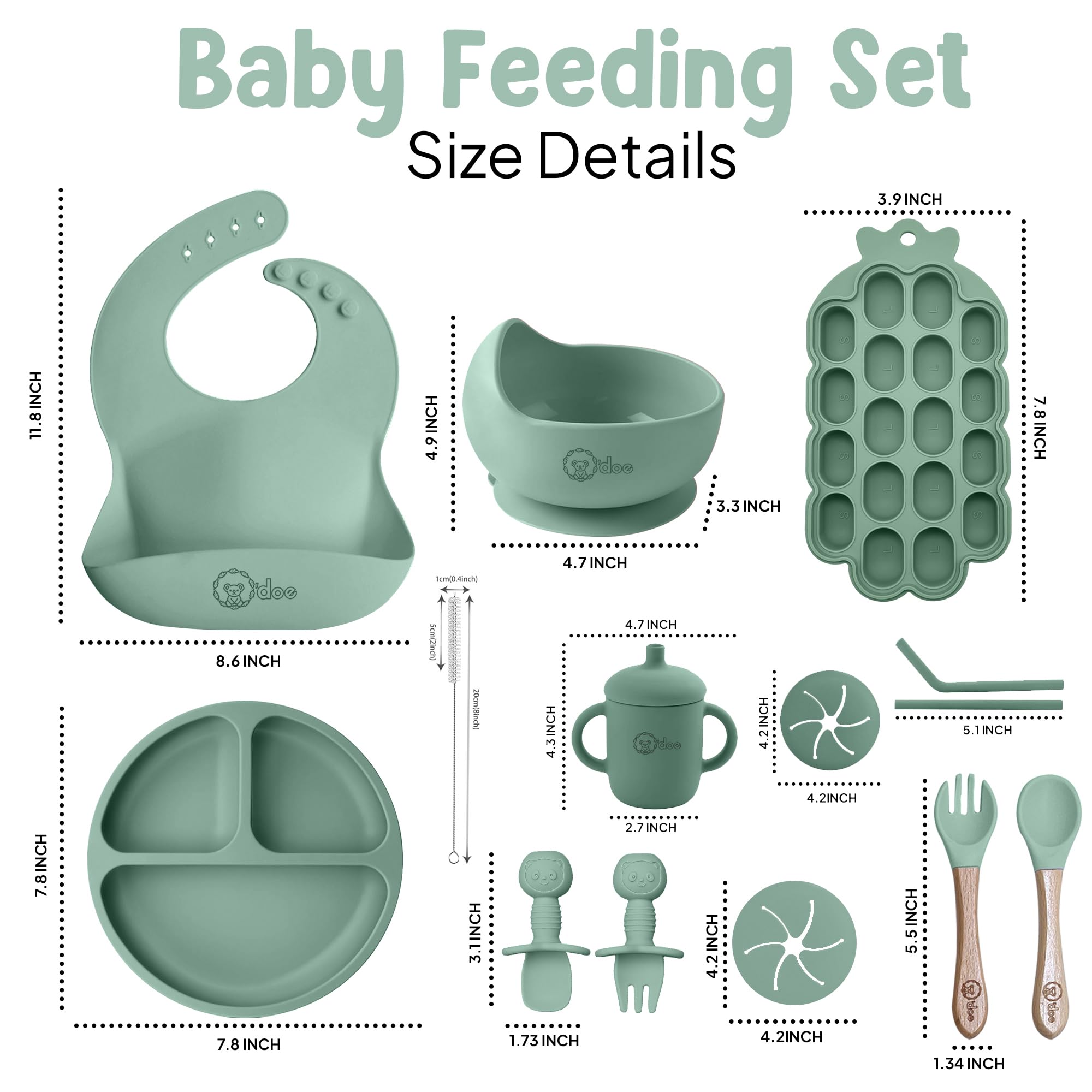 O'doe Baby Weaning Set – 15 Pcs Silicone Baby Feeding Set with Suction Plate, Bowl, Bib, Sippy Cup, Fruit Feeder, Freezer Tray