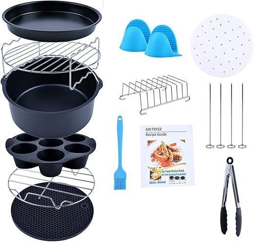 Air Fryer Accessories, Set of 12 Fit for 5.3Qt and Larger Air Fryer with Cake & Pizza Pan, Metal Holder, Skewer Rack & Skewers, etc, Nonstick Coating, Dishwasher Safe