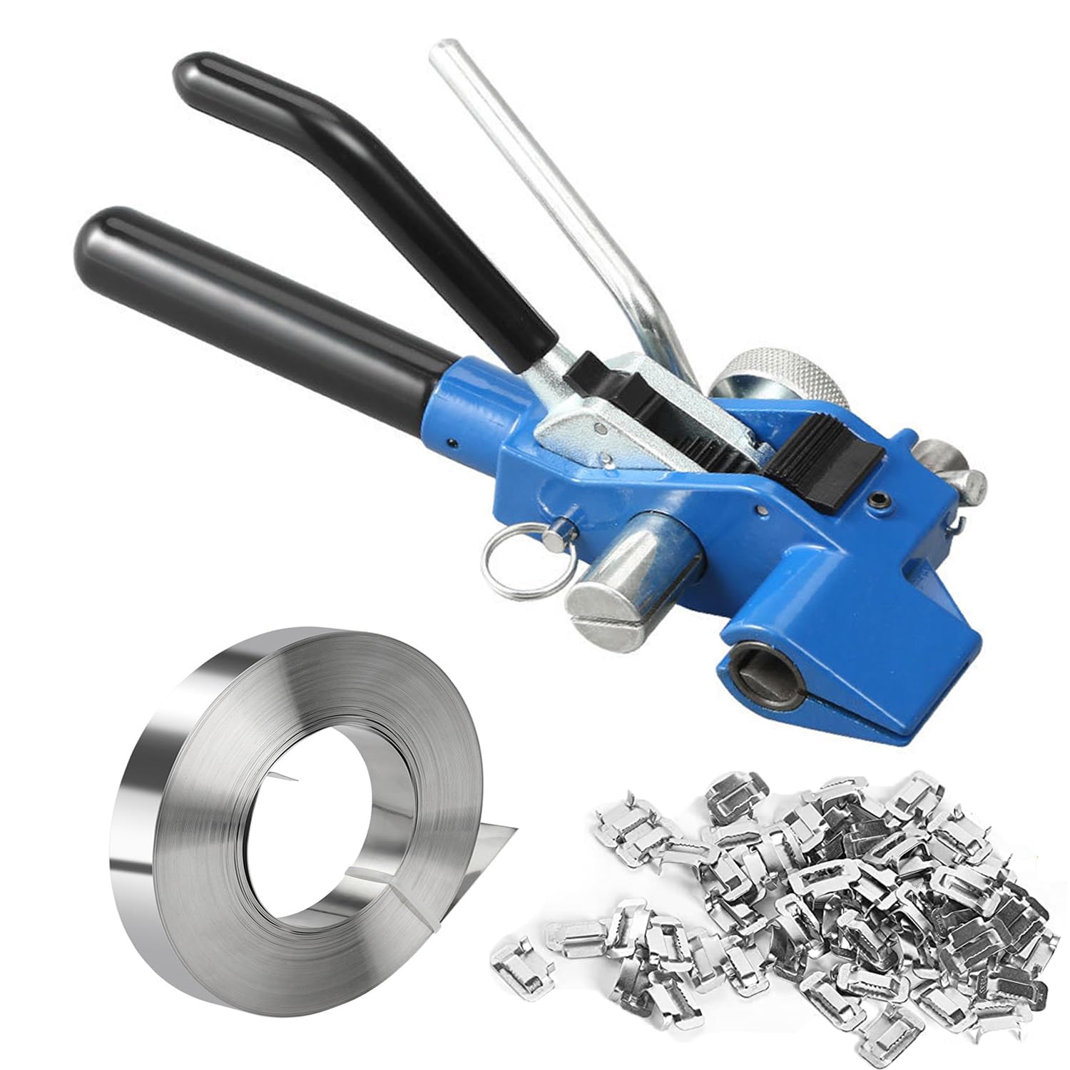 Feuillard Acier BAOSHISHAN Kit De Cerclage Manuel Robuste Pour Palette (1 Tendeur, 1 Scellant, Cerclage En PET/polyester De 200 M, 100 Boucles, 20 Coins D' Emballage, 1 Gants Cerclage Palette