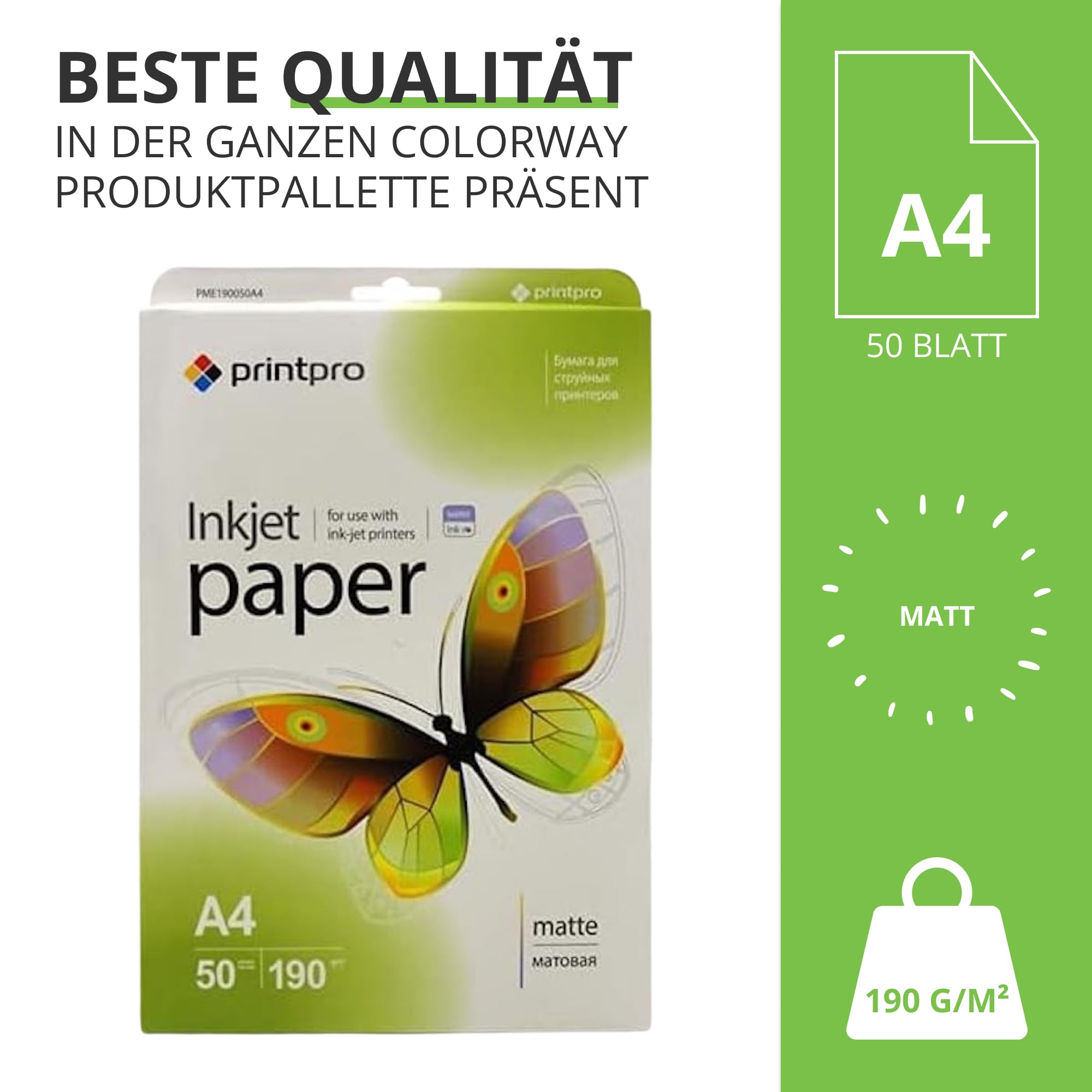 Papier fotograficzny Printpro firmy Colorway matowy 190 g/m², 50 arkuszy A4, szybkoschnący, wodoodporny, do wszystkich drukarek atramentowych