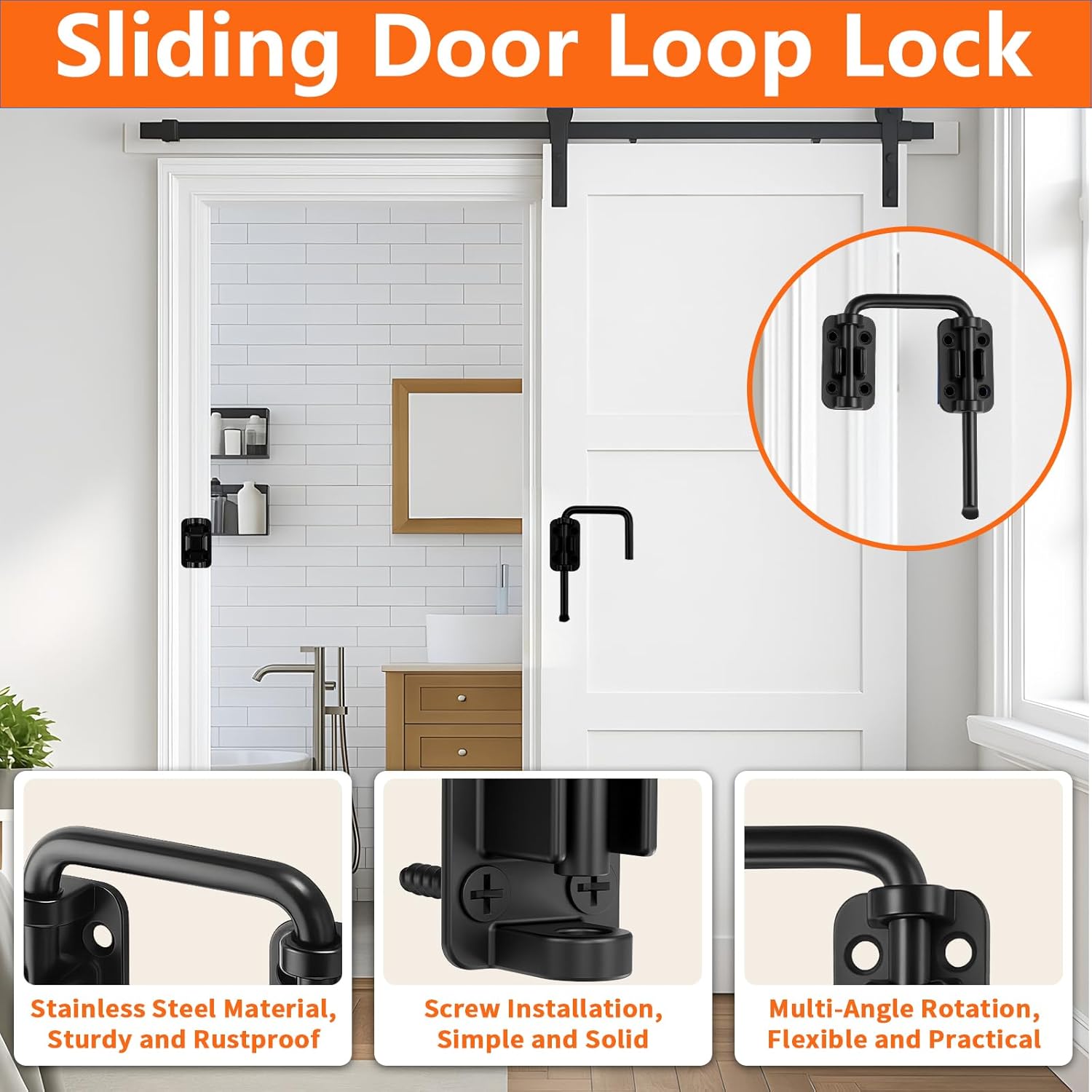 2PC Sliding Patio Door Loop Lock, 2.36 Inch U-Shaped Screen Door Lock Latch, 90/180° Adjustable Installation, Enhances Home/Child/Pet Safety for Barn, Windows, Fence, Shed, Garage (Black)