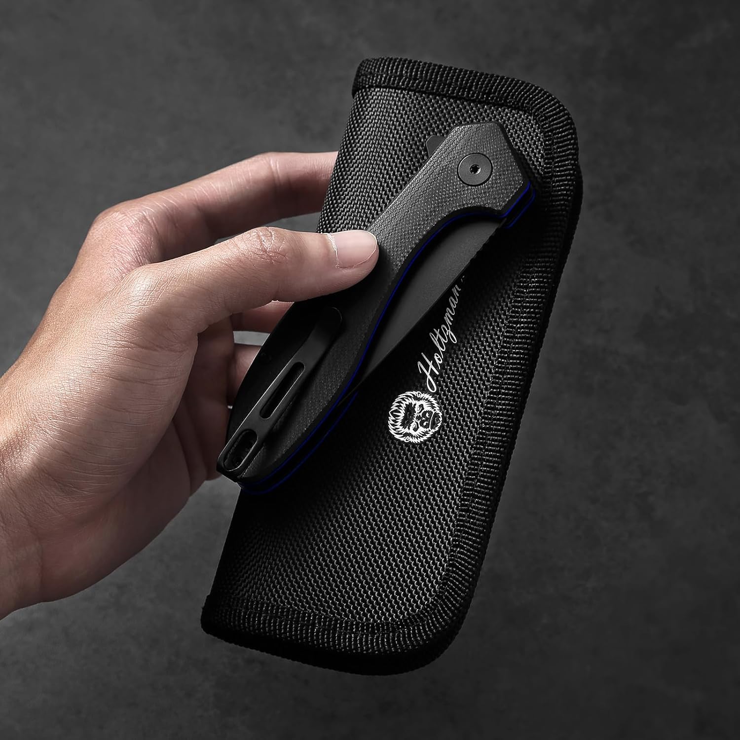 Holtzman's Gorilla Survival Folding Pocket Knife for Men – D2 Steel Blade, G10 Handle – EDC Folding Knife Gift Set with Case & Sharpening Stone (black blade+black/blue G10 liner)