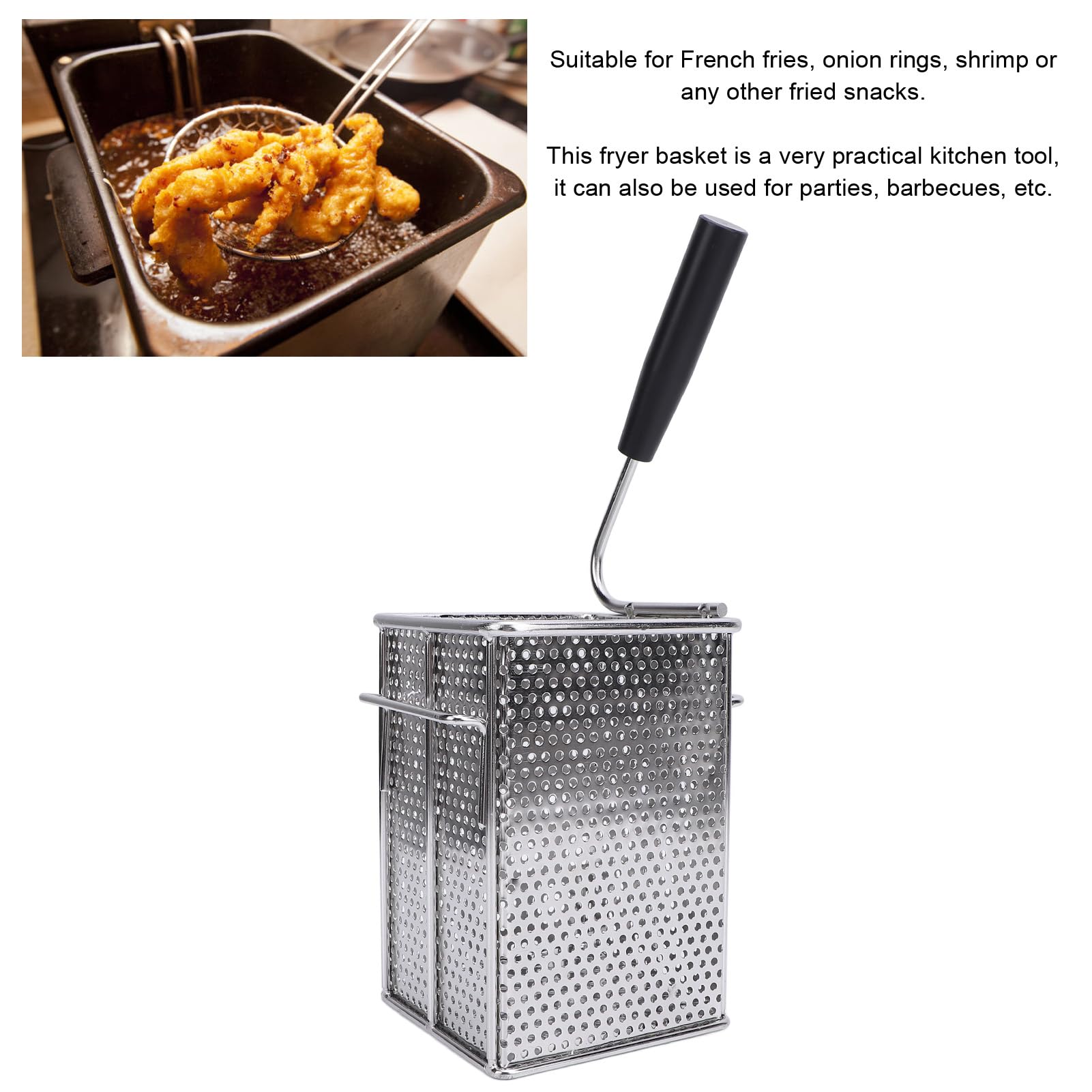 Pssopp Cestello per Patatine Fritte in Acciaio Inossidabile 304, Cestello per Patatine Fritte con Manico Lungo, per Frittura Profonda 4,7 X 4,7 X 6,8 Pollici per Domestica, Barbecue all'aperto, per