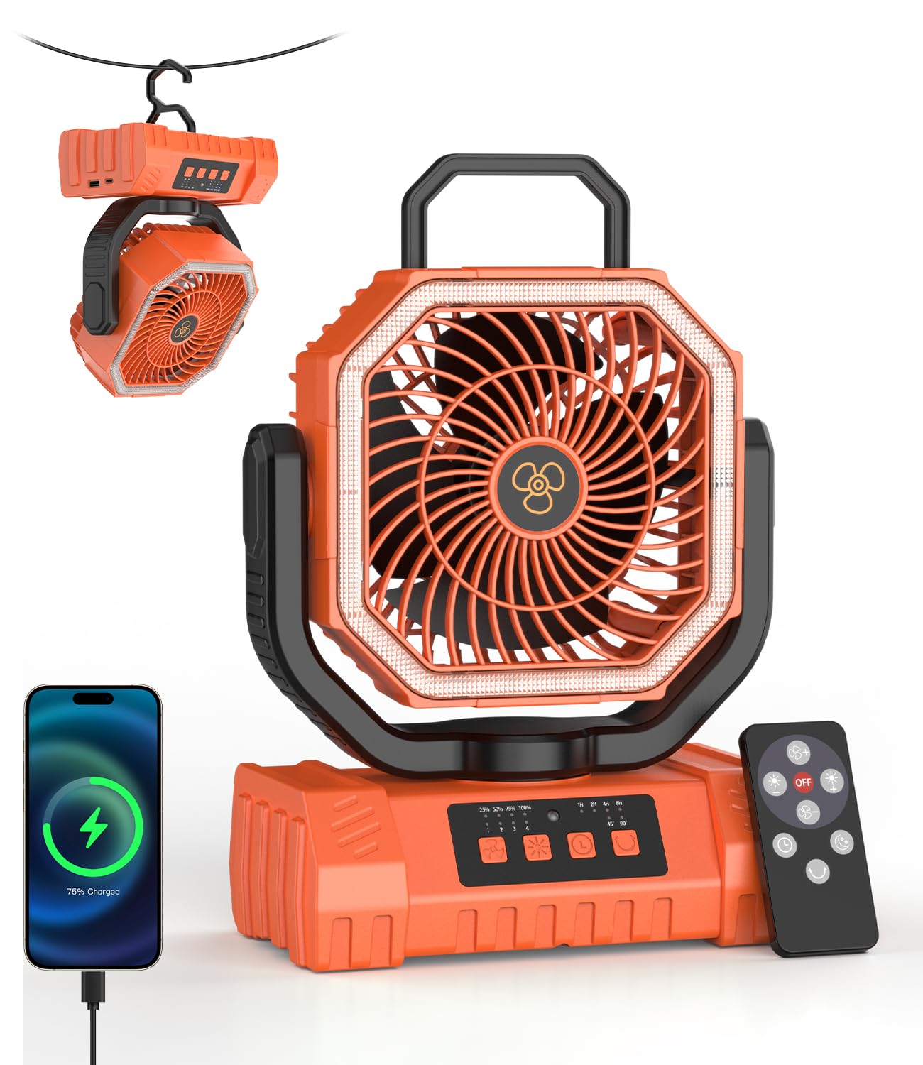 PHEJIE Outdoor Camping Fan with Light, 20000 mAh Camping Fan with Remote Control, Portable Rechargeable, Lamp & Power Bank, 4 Speed, Battery Powered for Tent,Travel,Fishing,RV (Orange)