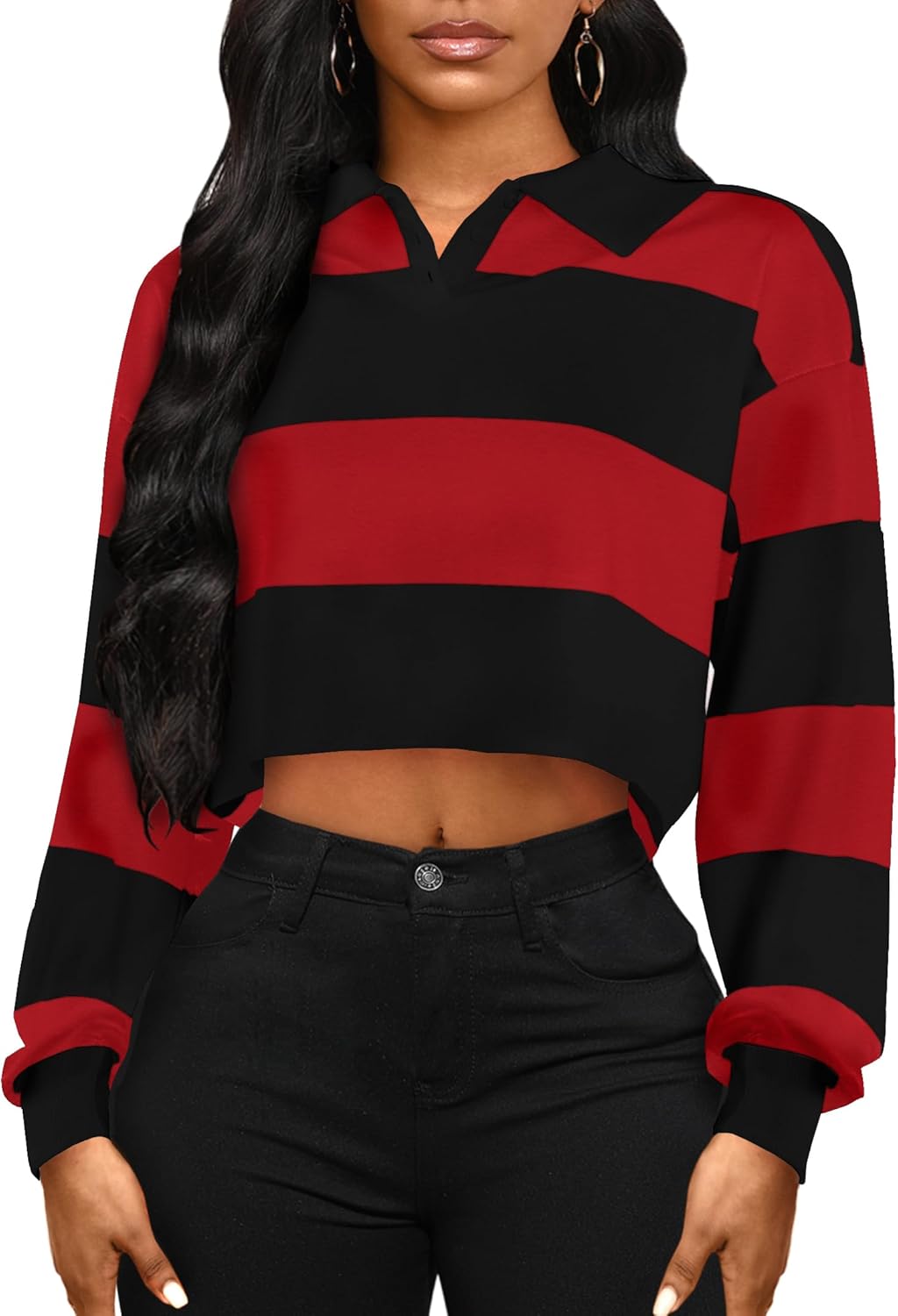 LovelyWholesale Women Striped Cropped Sweatshirts Polo Collar Long Sleeve Crop Tops - Image 2