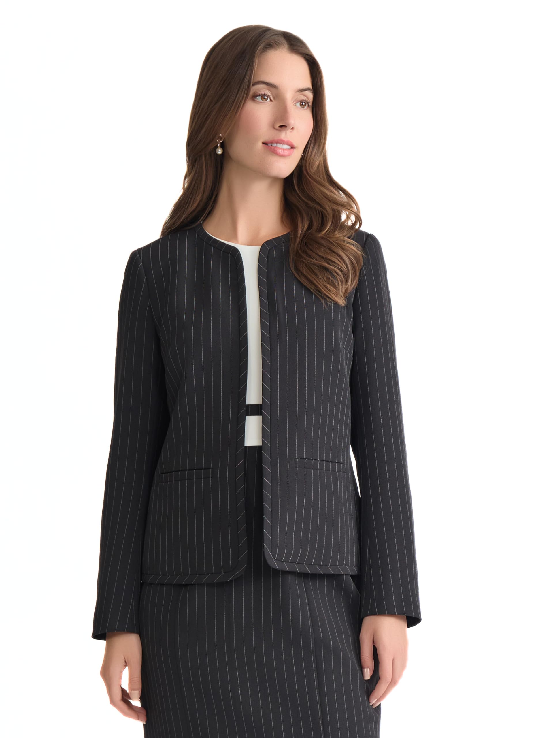 Kasper Womens Open Front Pinstripe Blazer