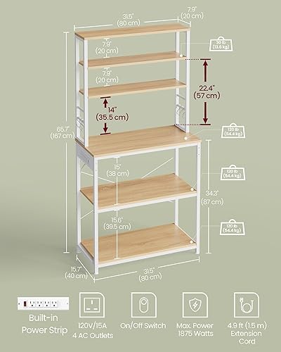 Miniatura 42 de VASAGLE Barra de café, estante para panadería de 31.5 pulgadas para cocina con almacenamiento, estantes de cocina de 6 niveles con 6 ganchos, café