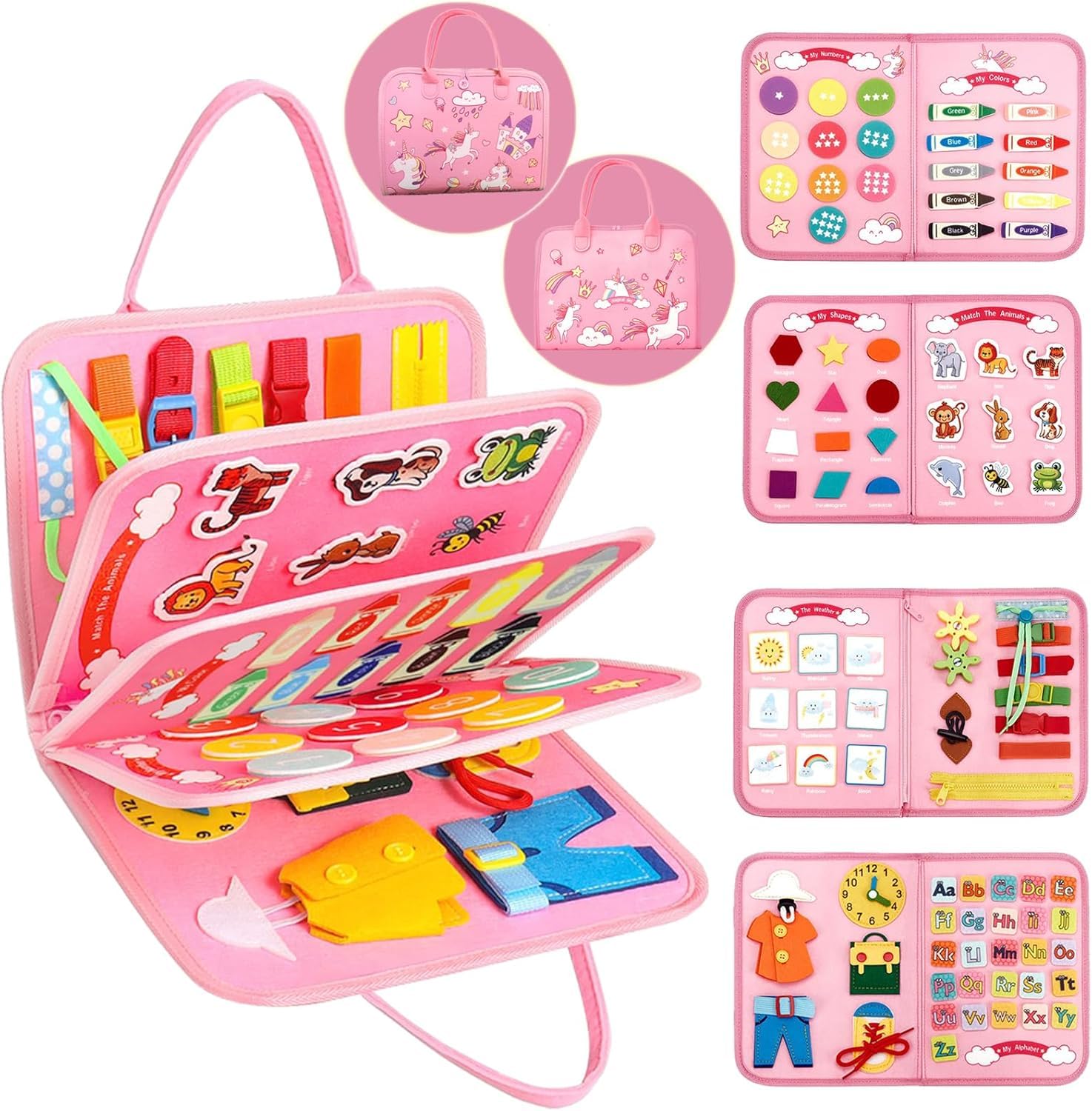 Unicorn Busy Board Montessori Toys Birthday Gift Preschool Learning Activities with Life Skills ABC 123 Shape Color Animal Weather Toddler Gifts Christmas Toys for Kids 2-7yr,Multicolor