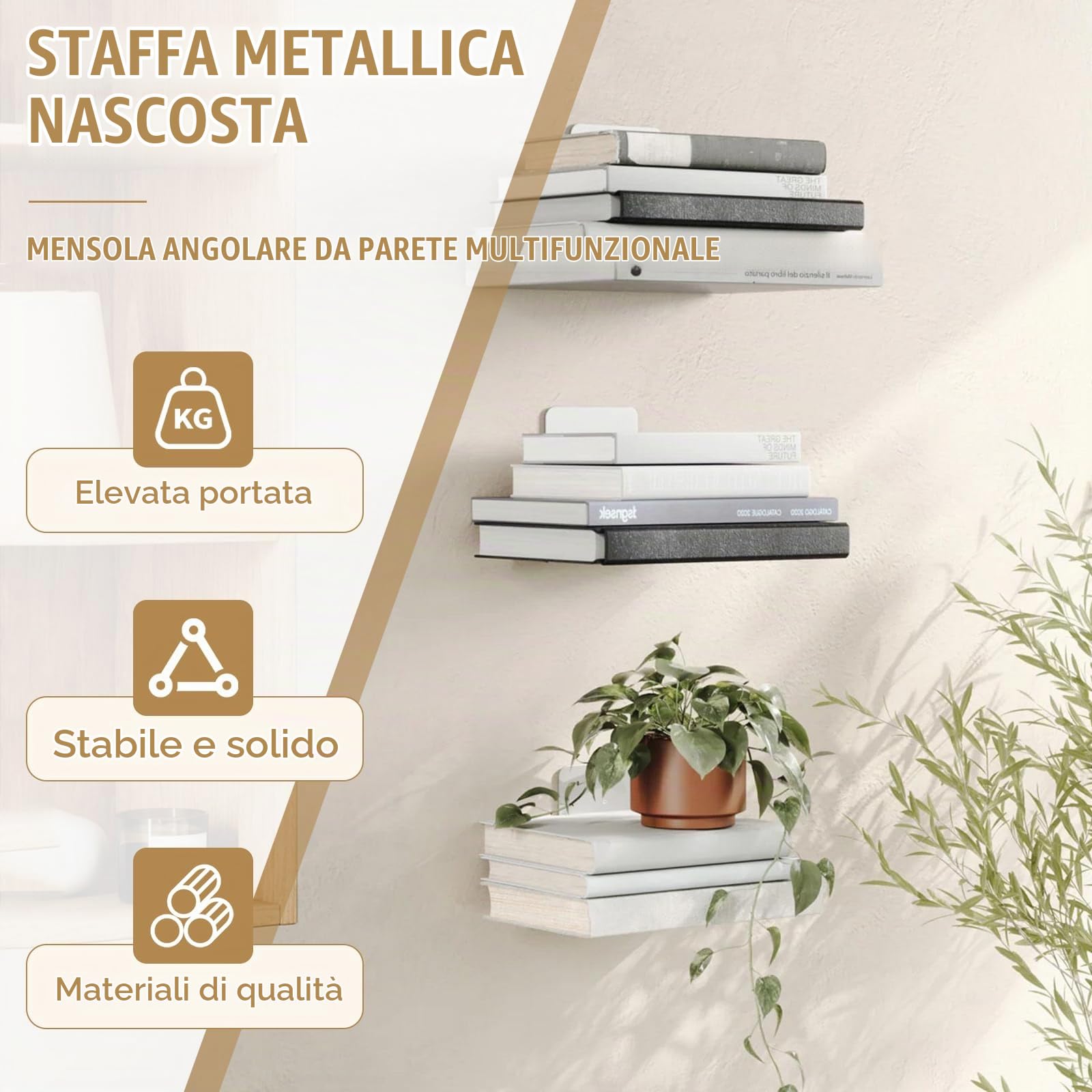 4 Pcs Mensole da Muro per Libri, Librerie Mensole da Muro Bianche, Mensole Sospese Invisibili Metallo, Libreria a Muro Sospesa, Scaffale da Parete in Metallo per Cameretta Bagno Cucina Ufficio Salotto